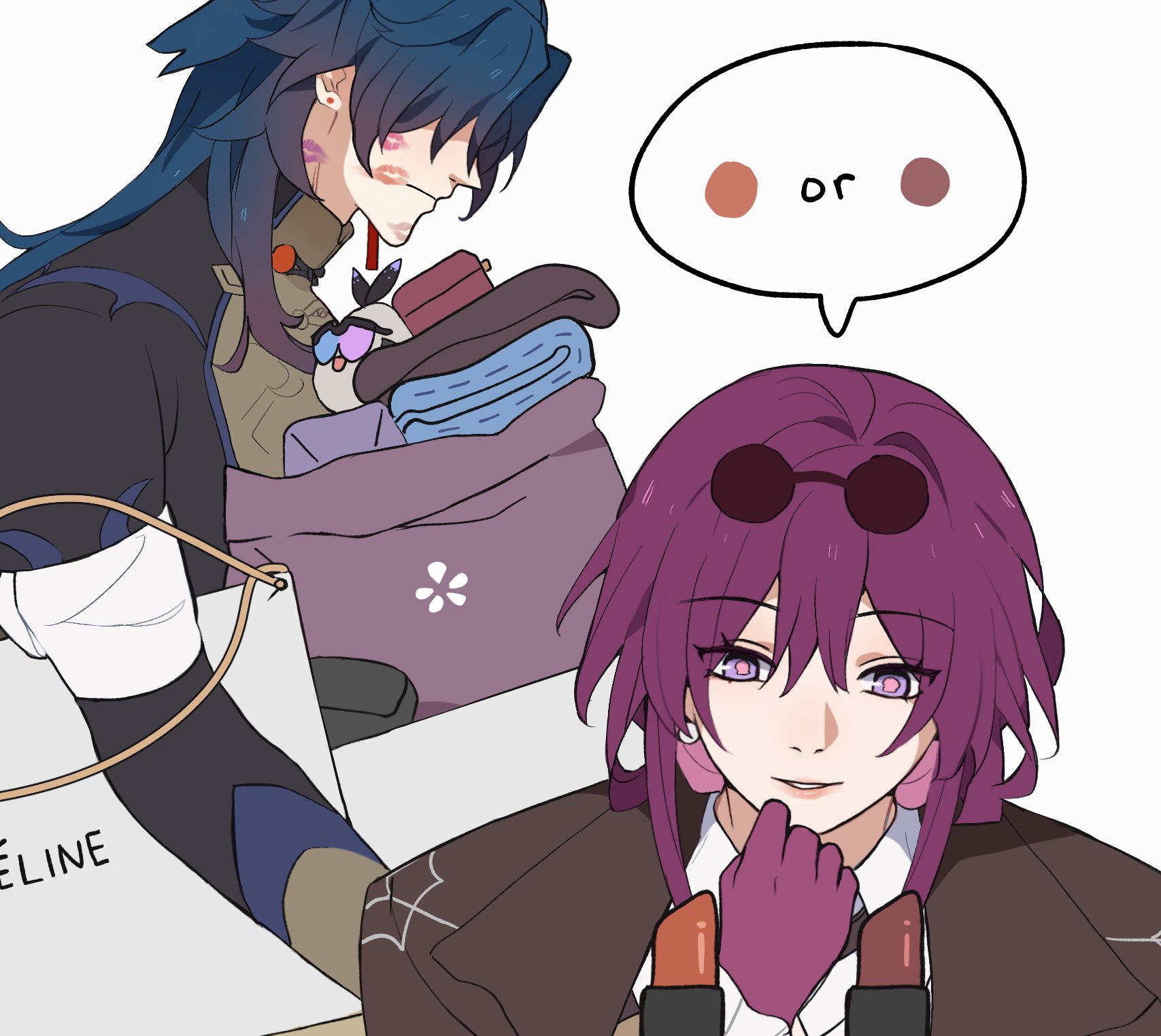 an anime drawing of a woman and a man, both standing. the woman is asking the man to choose between two lipstick colors. she is wearing a brown jacket, purple gloves, sunglasses and a smirk.  the man is holding a shopping bag and  wearing a blue and black jacket. the man is holding a bag that is stuffed with clothes, and the woman is holding two lipsticks. there is a speech bubble above the woman that says "or".