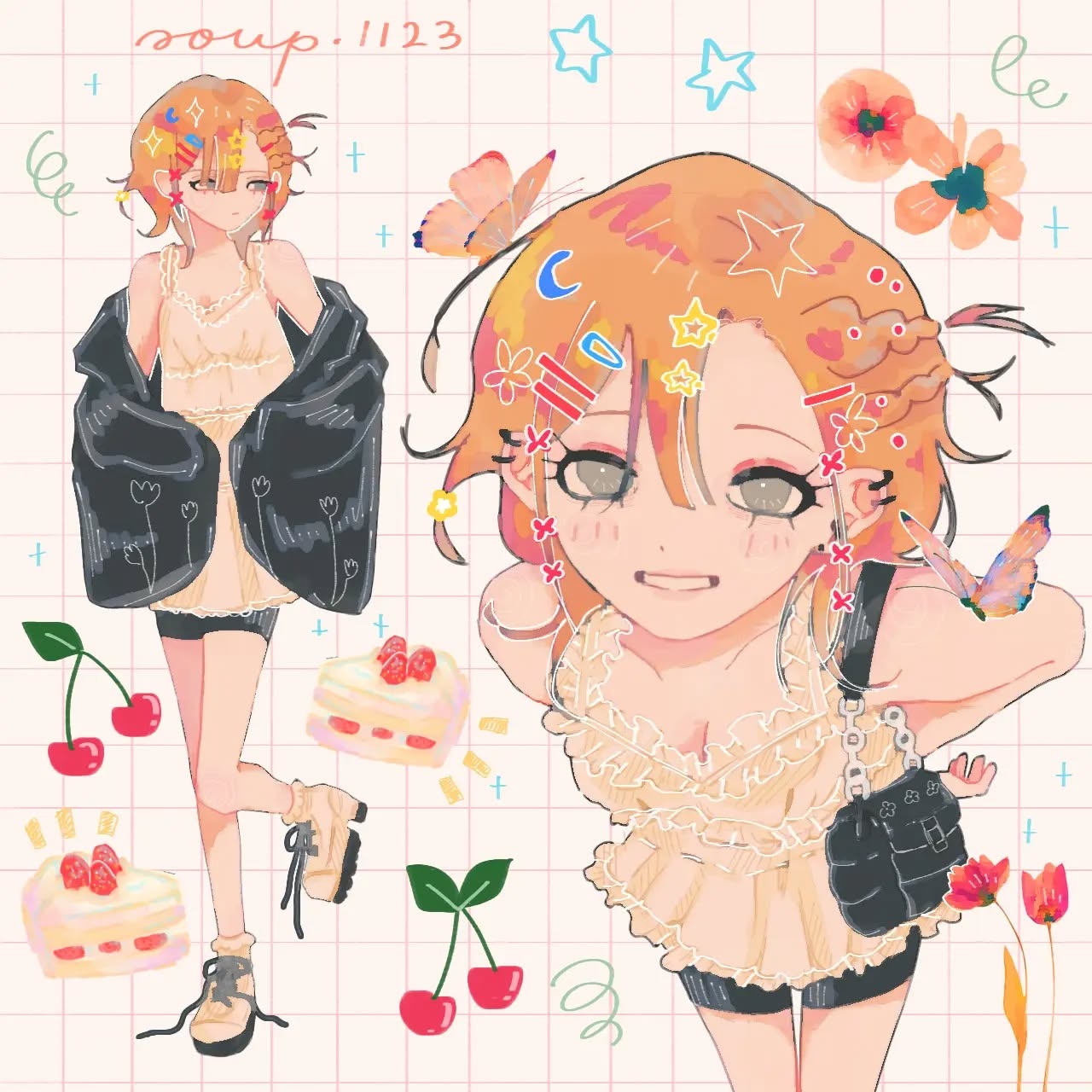 the image is a digital drawing featuring two variations of the same anime girl. the first depicts her standing in a more formal pose, wearing a creamcolored top, black jacket, and short shorts, accessorized with chunky boots.  the second, smaller image, shows a more dynamic, playful pose with a similar outfit but without the jacket.  both variations are adorned with pastelcolored stickers and doodles: butterflies, cherries, stars, flowers, cake, and other whimsical elements that create a dreamy, kawaii aesthetic. the overall style is light, airy, and bright, with pastel color palettes dominating the scene. the art style resembles that of popular online anime art communities and demonstrates an understanding of character design and visual storytelling common in that genre.