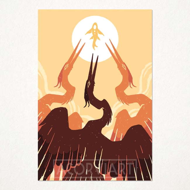 this is a digital illustration of three herons silhouetted against a sunrise/sunset sky. the herons are in a triangle shape with their beaks all pointing up towards a glowing orb with a small fish shape within it. the sky is a mix of orange, yellow, and red. the herons are brown and black. the background is a faded orange, yellow, and red. the image has a modern, minimalist feel.