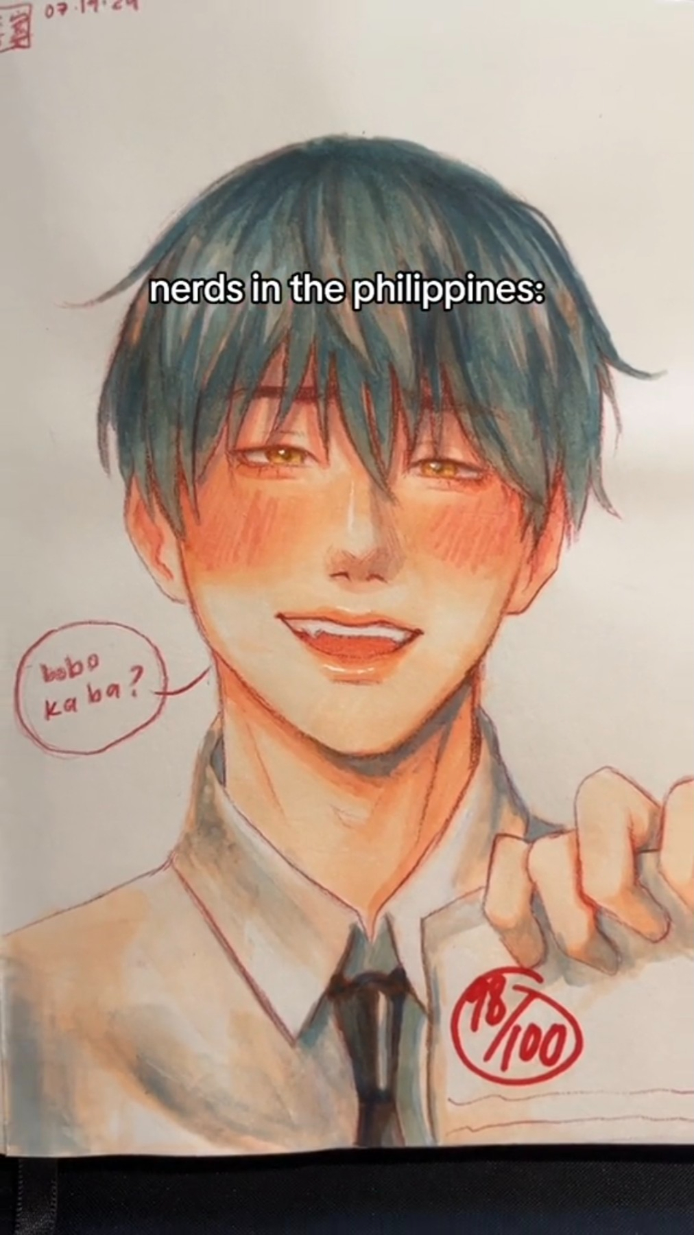 the image is a drawing of an anime boy in a white shirt with a black tie holding up a paper with 78/100 written on it. he is blushing and smiling with the text "nerds in the philippines:" above his head and "bobo ka ba?" written next to his face.