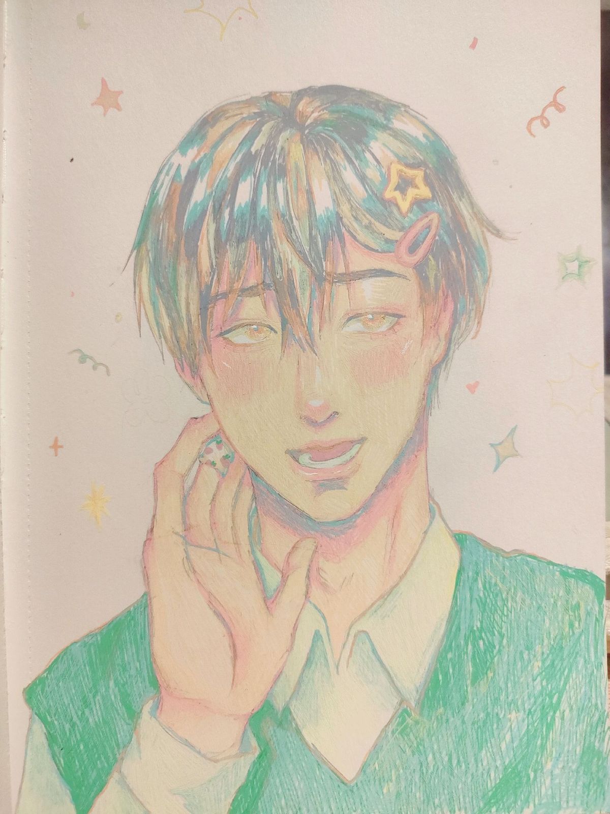 a handdrawn illustration of a cartoon boy with blue hair, wearing a green shirt, and smiling with his hand by his chin. the image is filled with pastel colors and features a lot of little stars scattered around the artwork.