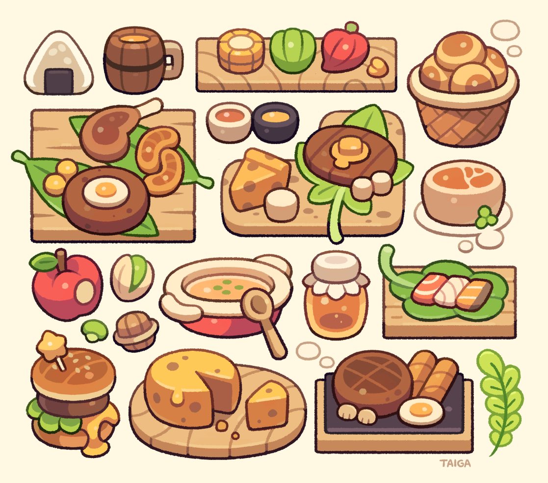 the image showcases a delightful collection of stylized food illustrations, reminiscent of a video game or fantasy setting.  arranged like a grid on various wooden platters, the food items range from familiar treats like burgers and cheese to more fantastical creations featuring glowing eggs and leafy garnishes. the overall aesthetic is cute and inviting, with a warm and appetizing color scheme.