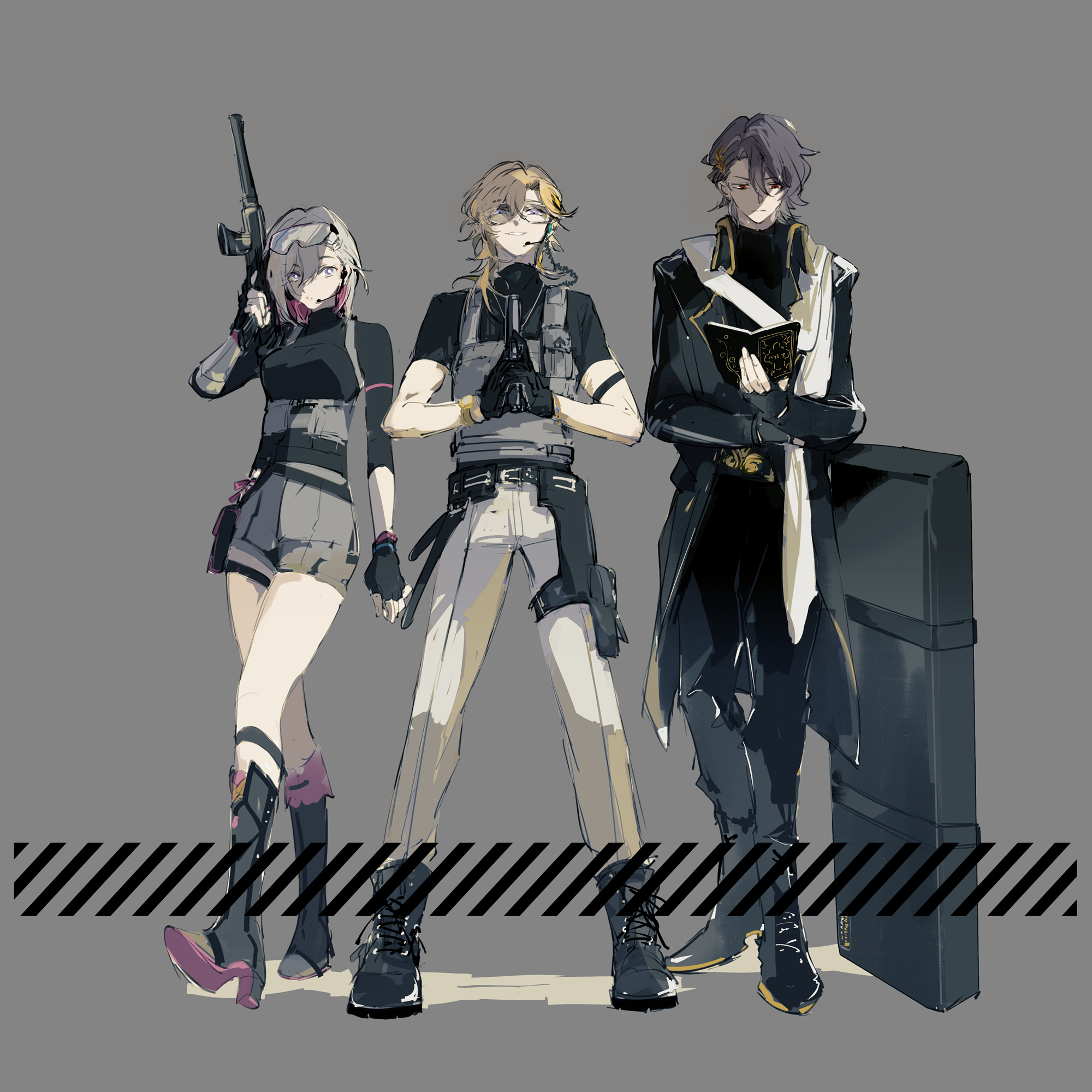 the image features three anime characters standing against a grey background. on the left is a female character with blonde hair and a pink scarf, holding a rifle. in the middle is a blonde male character holding a handgun. on the right is a male character with black hair holding a book. they are all wearing futuristic clothing. the background is a grey stripe pattern.