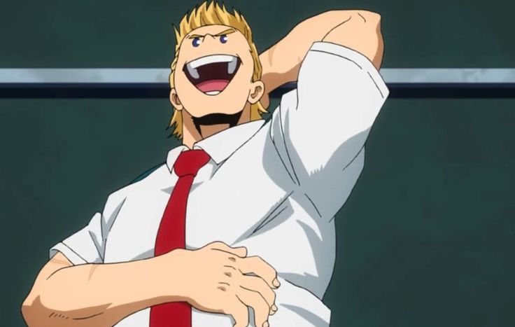 the image depicts a blonde anime character named denki kaminari from the popular anime series "my hero academia." he is a student at u.a. high school, a prestigious academy for aspiring heroes. denki is known for his electrifying quirk, which allows him to manipulate electricity. in the image, he is wearing his school uniform, a white shirt with a red tie, and he has a bright, confident smile on his face. his eyes are sparkling, and he appears to be in high spirits. he is positioned against a green chalkboard, possibly in a classroom or school hallway.