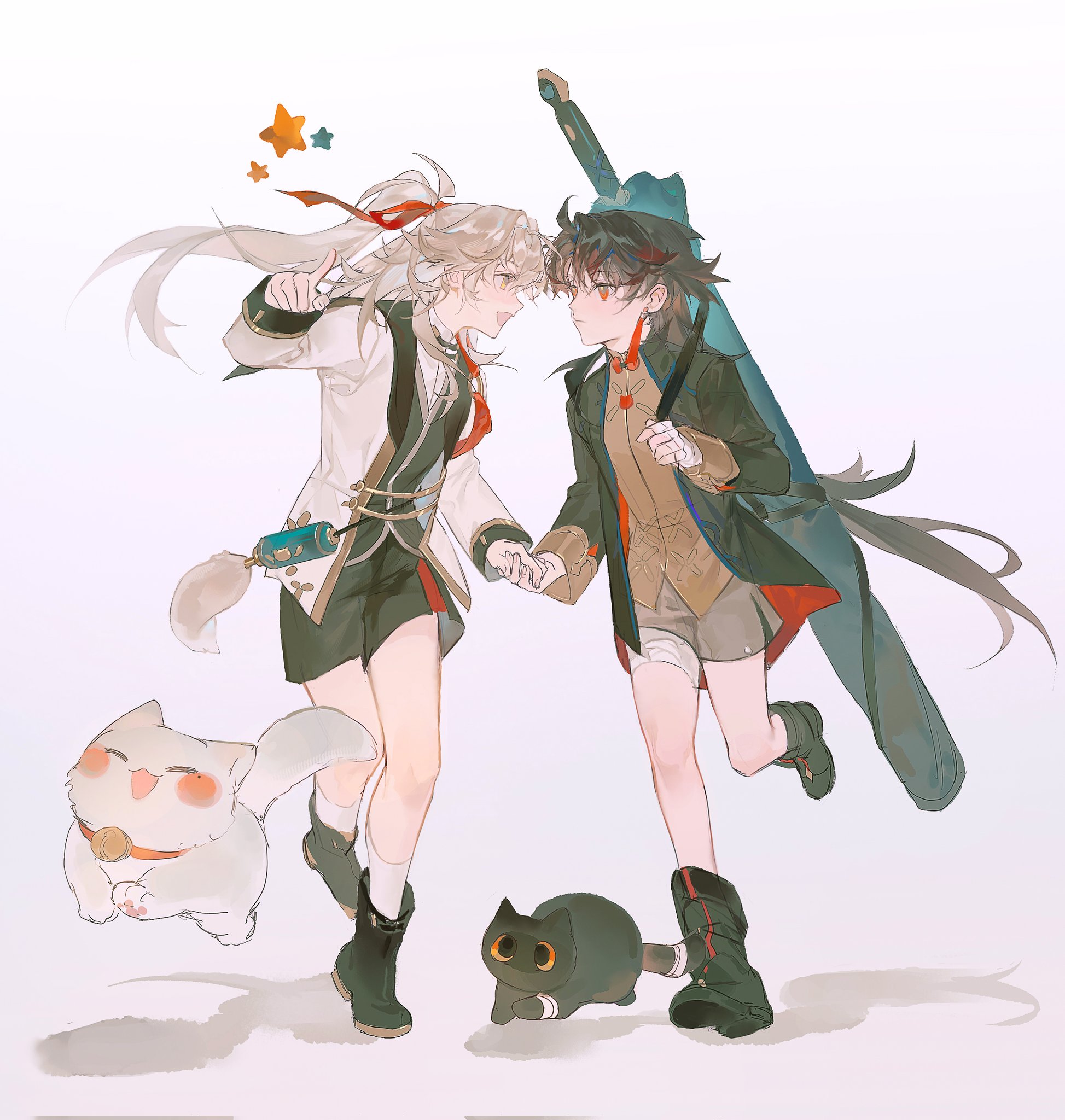 two anime girls are holding hands and running towards the viewer with playful expressions. one girl has long white hair tied with a red ribbon, while the other has shorter black hair and a green hat. they are both wearing detailed outfits with black, white, and green accents. a white cat with orange markings is leaping playfully ahead of them, while a small black cat trails behind. the background is a plain offwhite, and the overall lighting is soft and warm, giving the image a cheerful and lighthearted feel.