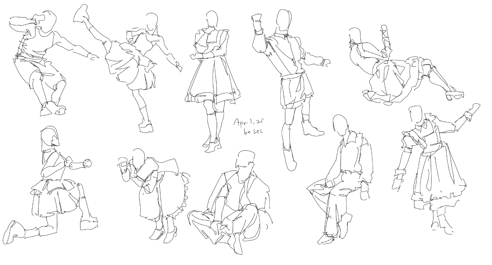 the image shows a collection of quick figure sketches of people in various poses and wearing different styles of clothing, likely fashion sketches or gesture drawings. the style is loose and emphasizes movement and form.