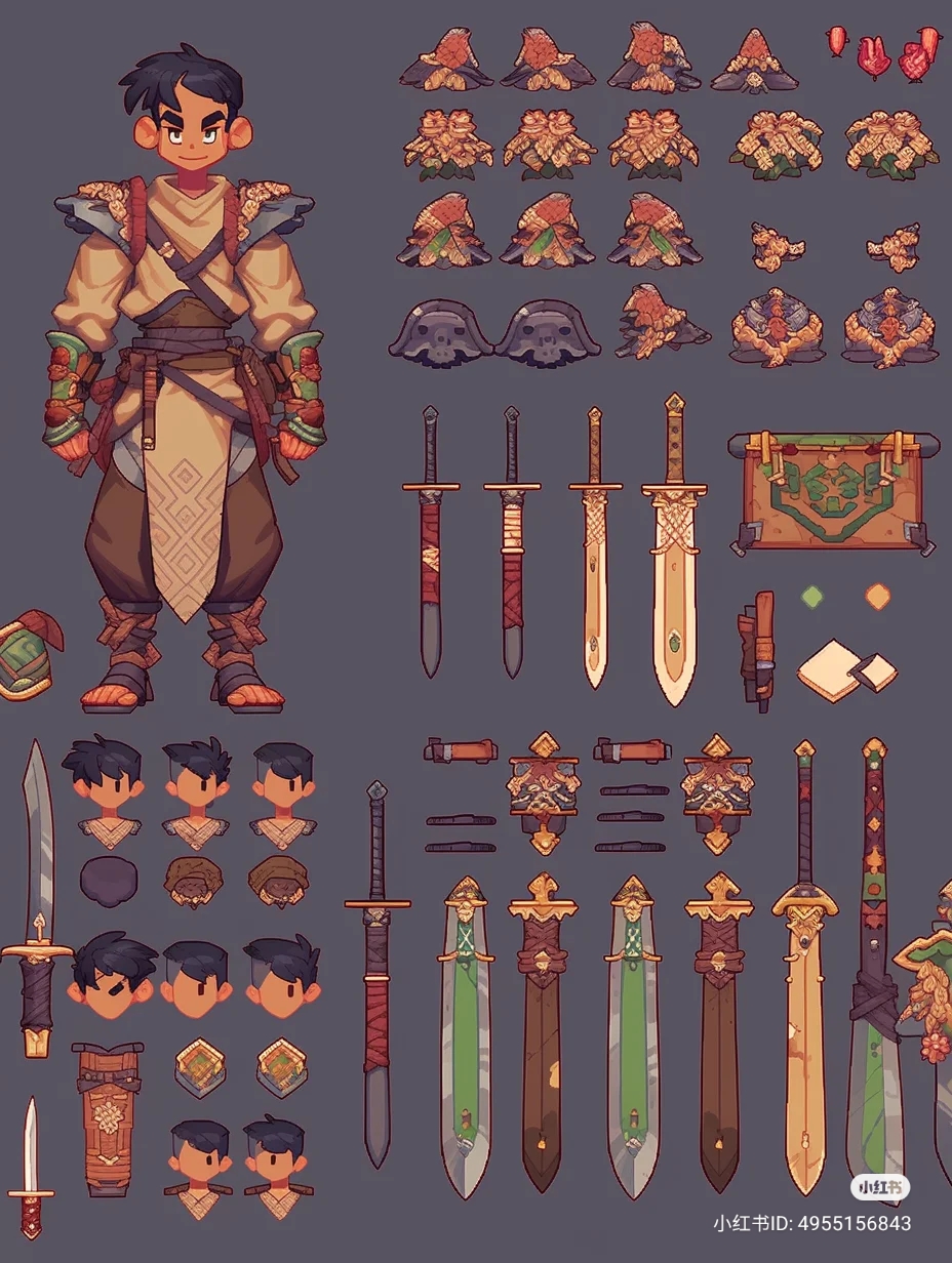 this is a pixel art character design sheet for a video game. it features a young male adventurer with various items and animations. it includes: the character in a base pose. multiple head variations with different hair and facial expressions. various sword designs. different shield options. clothing and armor elements. a book asset.  color palette swatches.this sheet is designed for easy implementation into a game engine for animation and gameplay.
