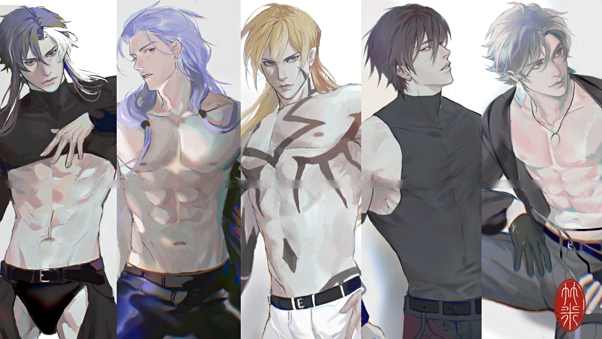 a digital art image featuring 5 young men, each with a different style and expression. they are all drawn in an anime style with colorful clothing and accessories, 4 out of 5 are shirtless.