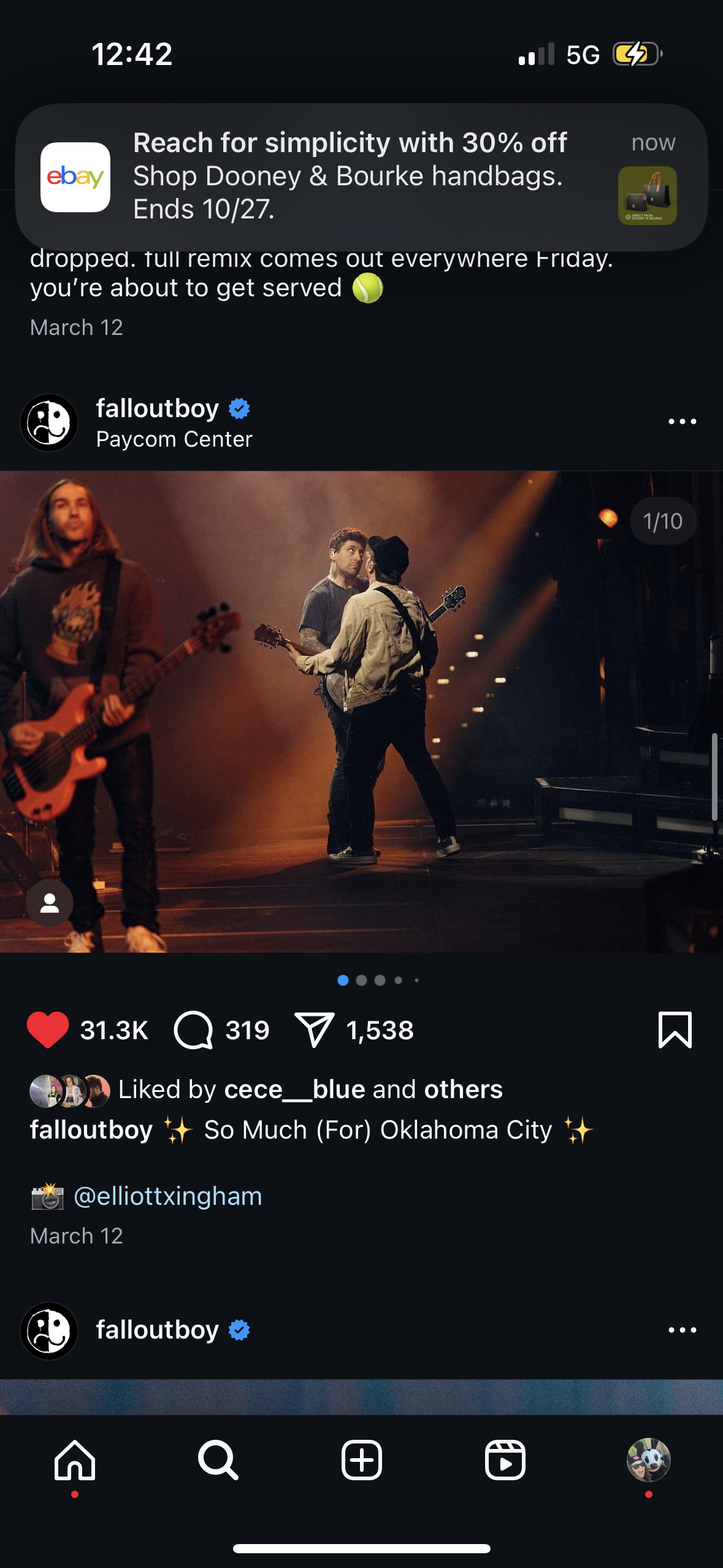 a screenshot of an instagram post from the band fallout boy. the post shows a picture of two band members on stage playing guitars during a concert. the caption states that their new song "tull remix" is coming out on friday. the post also mentions that the concert took place at the paycom center in oklahoma city.  the post has 31.3k likes and 319 comments. the date of the post is march 12.