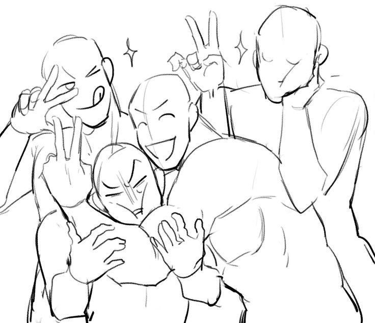 this image is a drawing of four people posing together. the drawing is in a simple style, with the lines being mostly black and white. the people are in various poses, with some smiling and others looking more serious. there are some small details, such as a small star in the top left corner of the image. overall, the image is a simple but effective drawing of a group of friends.