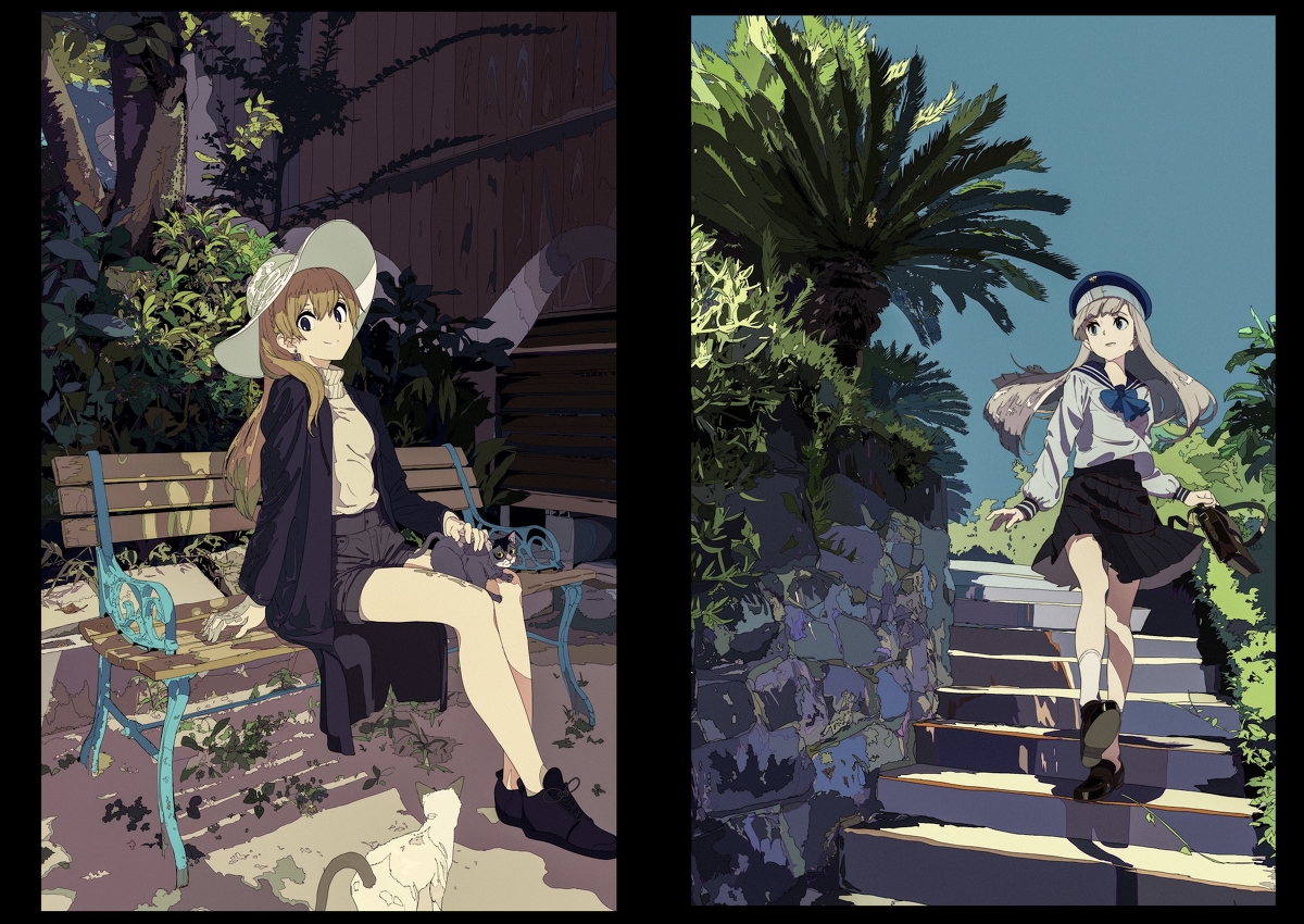 this image is a digital artwork depicting two anime girls in different settings. on the left, a girl with long blonde hair, wearing a widebrimmed hat and a dark coat, sits on a park bench with a cat. the scene is set in a lush garden with trees and plants. on the right, a girl with long light gray hair, dressed in a school uniform, walks up a stone staircase in a sunlit area with lush greenery and palm trees. both scenes are beautifully rendered with attention to detail in the characters' clothing, the environment, and the lighting. the style is reminiscent of both manga and western illustration, creating a unique and attractive aesthetic.