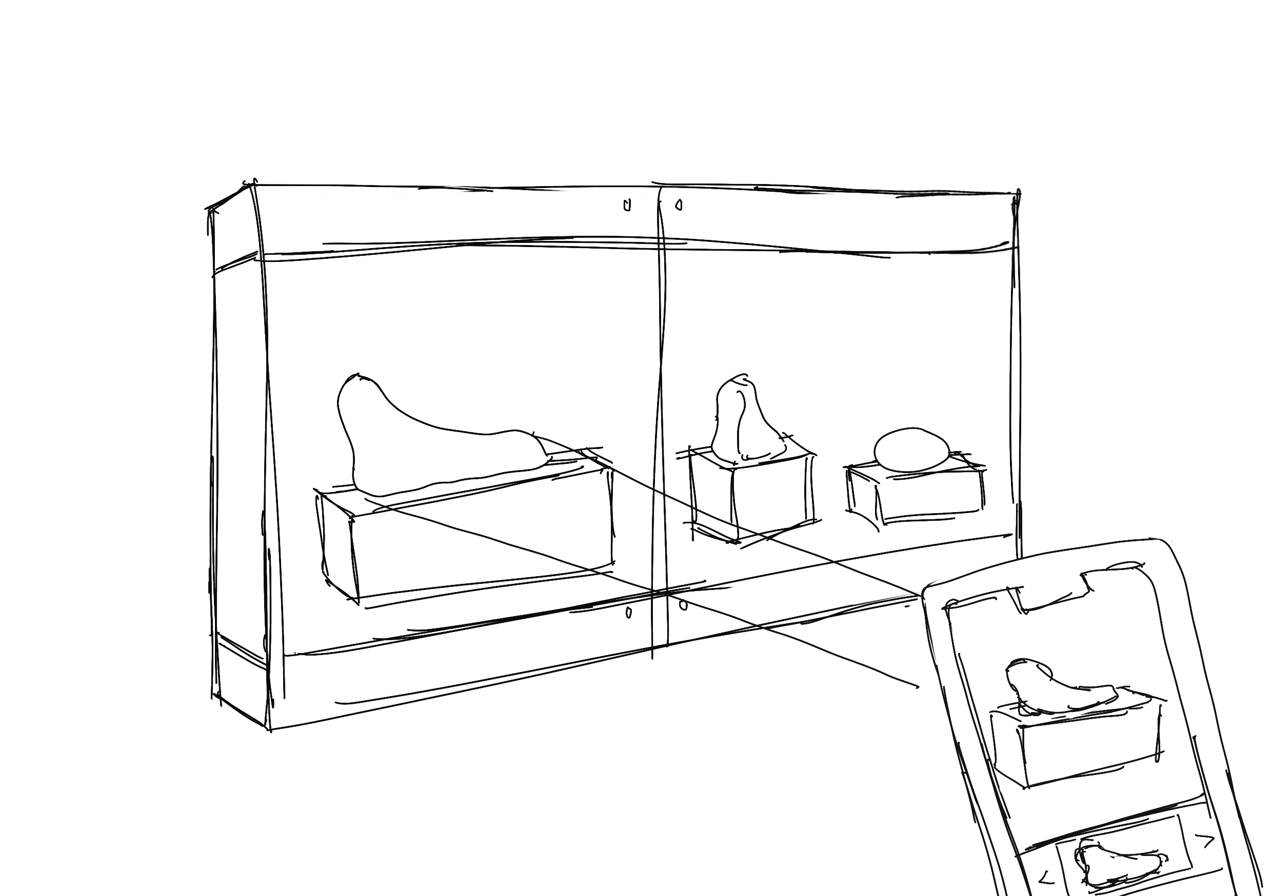 a handdrawn sketch depicts a museum display case containing three abstract sculptures. a smartphone is positioned in front of the display case, and its screen shows a 3d model of one of the sculptures, suggesting an augmented reality application.  the style of the drawing is loose and quick, emphasizing the concept rather than precise detail. the lines are sketchy and uneven, giving a rough, informal feel.