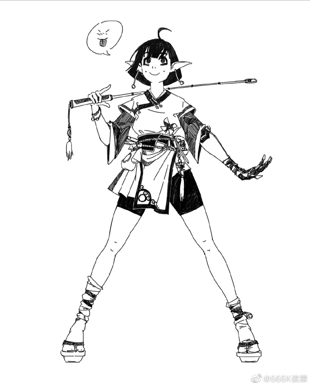 the image is a black and white ink drawing of an animestyle female elf character.  she has pointed ears and is wearing a loosefitting, asianinspired outfit consisting of a shortsleeved top, shorts, and geta sandals. she holds a long staff across her shoulders, and her expression is cheerful. the drawing style is loose and expressive, with visible brush strokes. a small thought bubble above her head contains a simple smiley face.  the overall style is whimsical and playful.