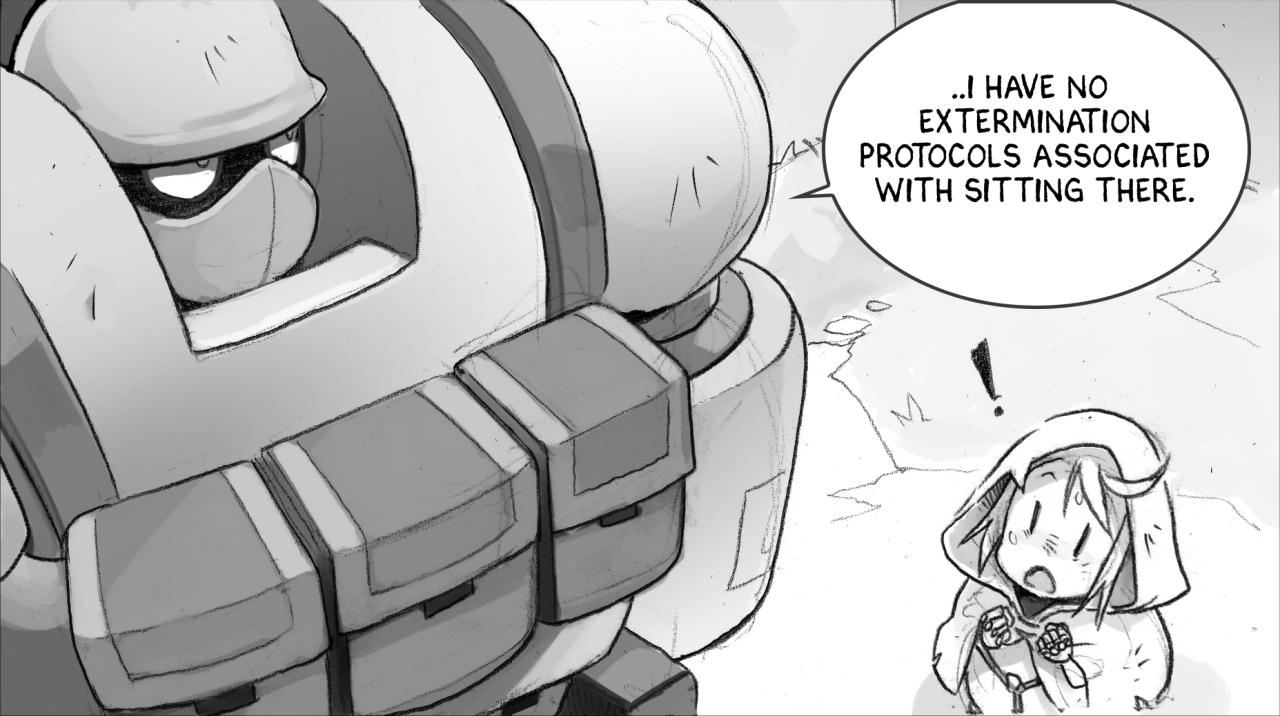 a black and white comic panel shows a small girl with a surprised expression standing to the right, facing left.  a large, clunky mech takes up the left half of the panel, facing right. the mech's pilot is mostly obscured. a speech bubble above the girl reads, ". . . i have no extermination protocols associated with sitting there."  the background consists of simple lines indicating a barren landscape.