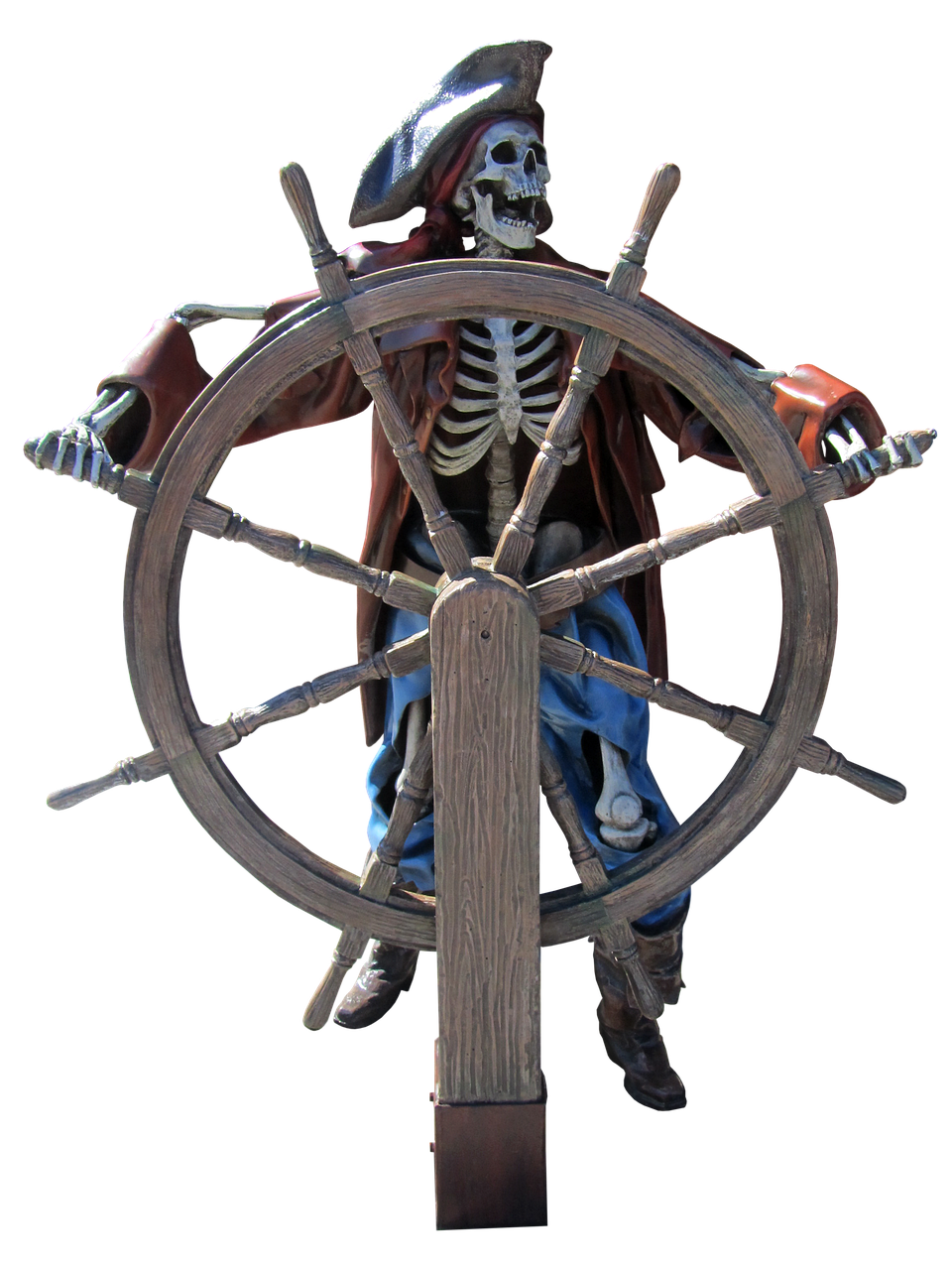 a skeleton dressed as a pirate stands behind a large wooden ship wheel. the skeleton is wearing a red coat, blue pants, and a white pirate hat. the ship wheel is centered in the image. the background is black.