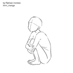 a line art drawing of a female character sitting with her knees drawn up to her chest.  the drawing is in a simple style, emphasizing form and basic shapes.