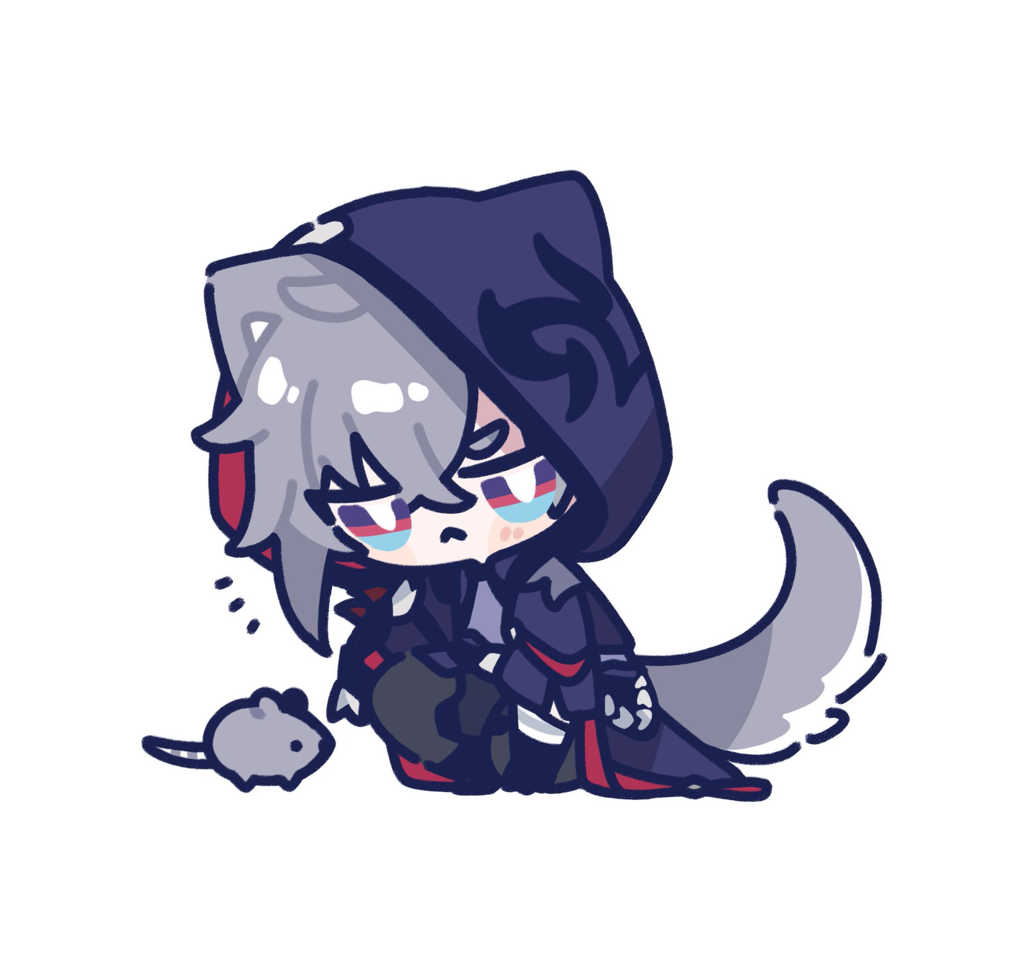 the image shows a chibistyle drawing of an anime girl. she has gray hair, is wearing a dark hooded cloak with wolflike ears, and has a sad expression. a small mouse is sitting near her. the style is reminiscent of fanart and manga. the art is digital and features soft lines and shading.