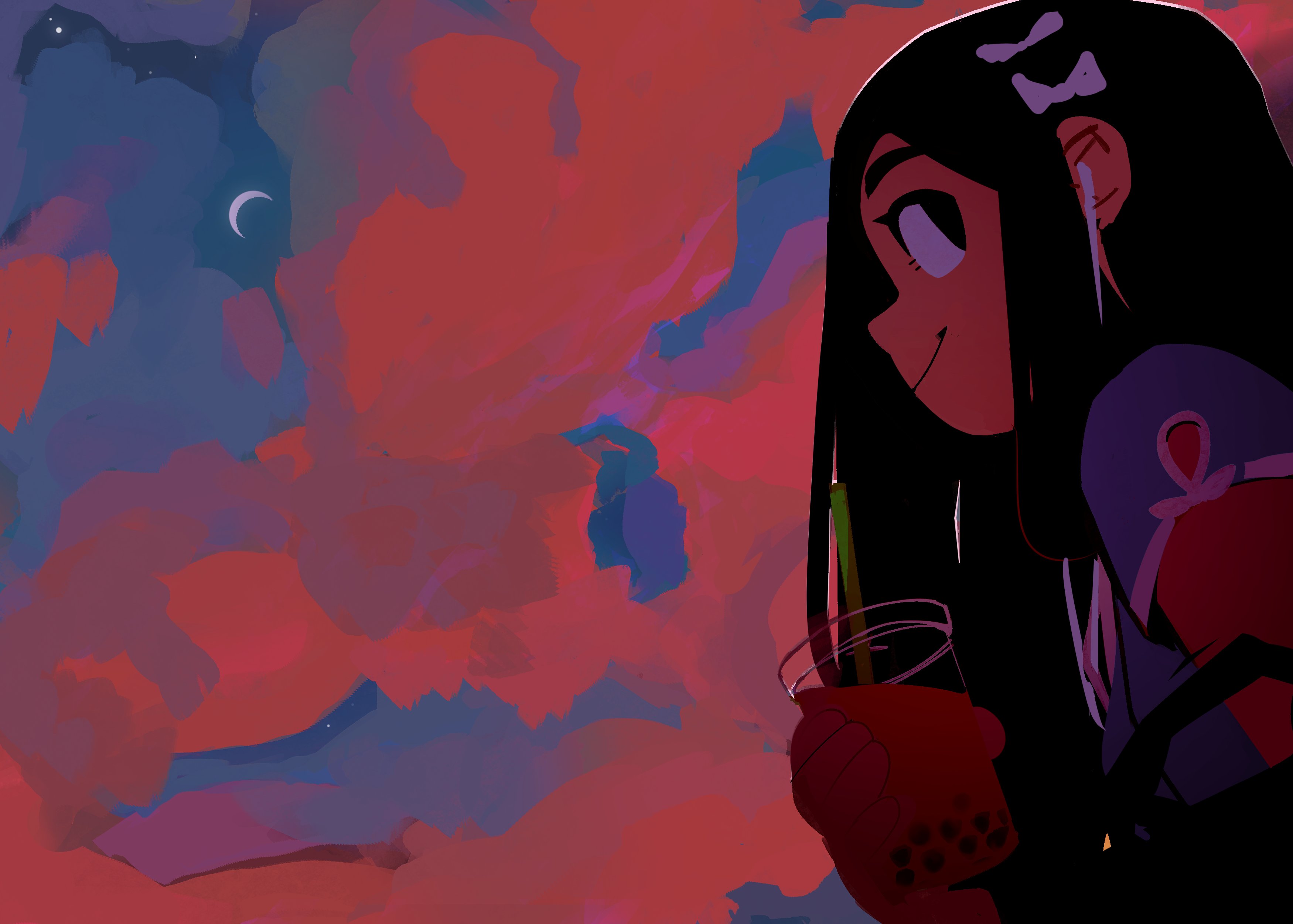 an animestyle portrait of a girl, standing in front of a red, pink, and blue sky. she is smiling as she looks to the right of the image. she has long black hair, and is holding a cup of boba tea.