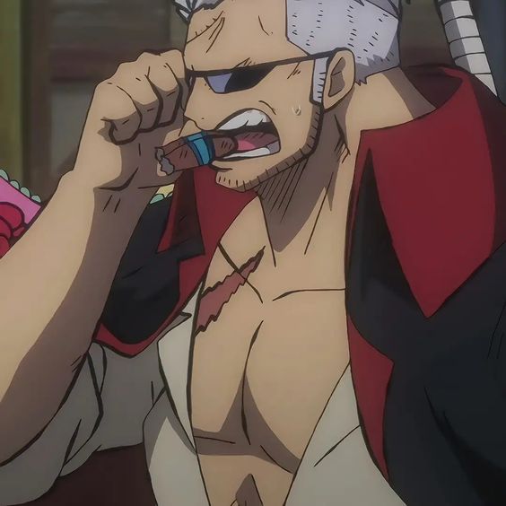 a closeup shot of a muscular, adult male anime character with gray hair and an eyepatch. he has a stern expression on his face as he aggressively bites down on a cigar. he is barechested, revealing a large scar across his right pectoral. he wears a dark red and black open shirt. the background is somewhat nondescript, suggesting an indoor setting.