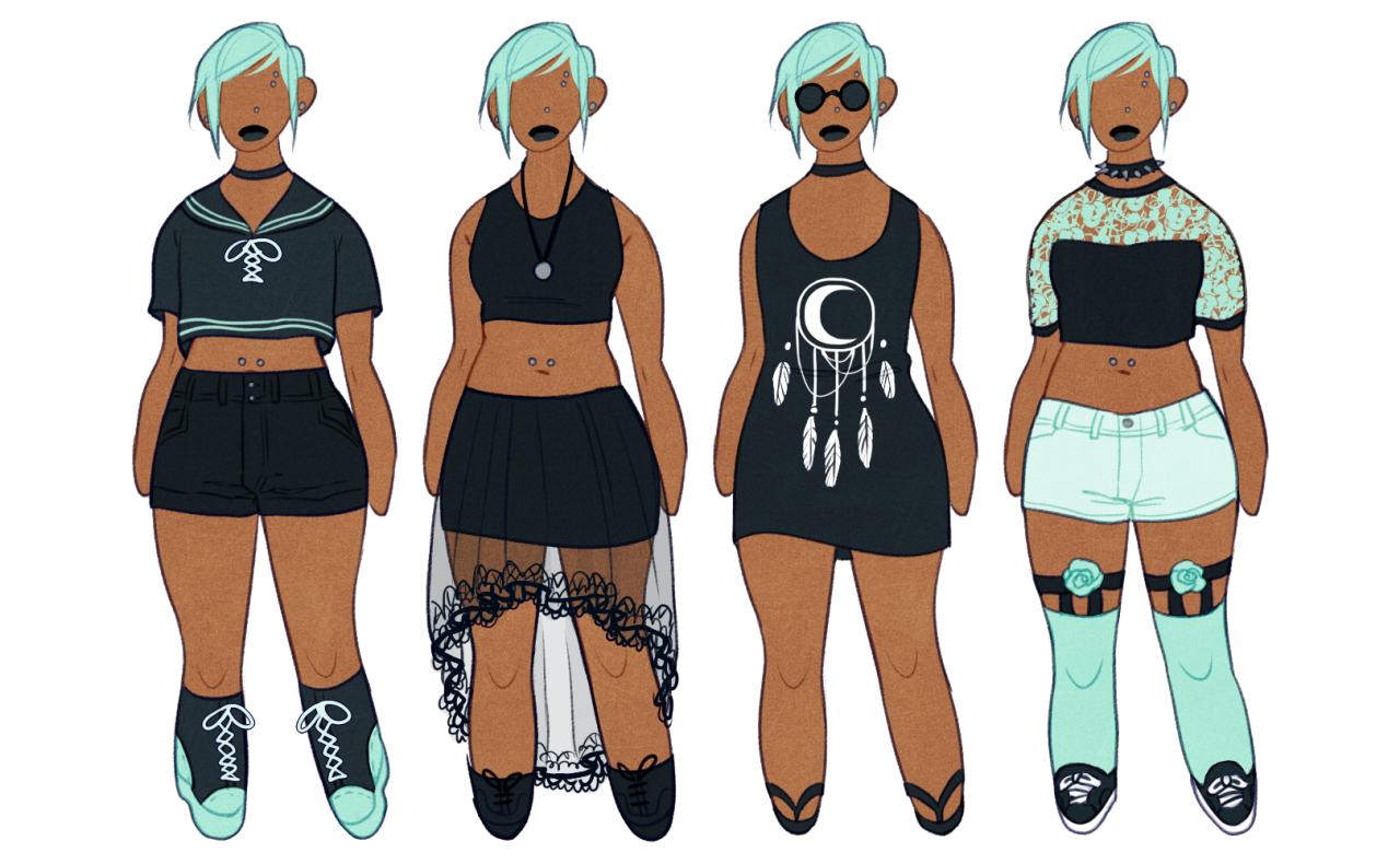 four different outfit designs on the same female base. each outfit has elements of goth and pastel goth fashion.