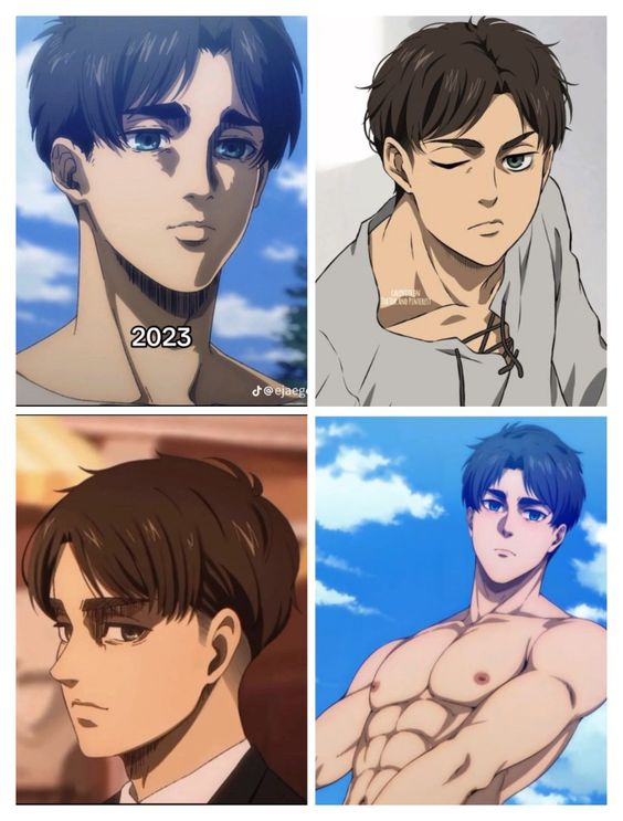 the image shows a collage of four panels depicting the anime character eren yeager from the show attack on titan. the panels show him at different ages, demonstrating his physical transformation. in the top left panel, eren appears young, with a youthful face and a plain grey shirt. his hair is styled in a simple, combedover look. the panel is labeled "2023". the top right panel shows eren as a young adult, with a more defined face and a casual grey shirt. he is looking towards the camera with a smirk. the bottom left panel shows eren with short, styled hair and a suit jacket. he has a serious expression on his face. the bottom right panel shows eren completely shirtless, with an athletic physique and a defined sixpack. his face is hardened and his expression is focused. the panel appears to be a drawing of eren in a beach setting, with the sky and clouds visible in the background. this image is a visual representation of eren's growth and development throughout the series.