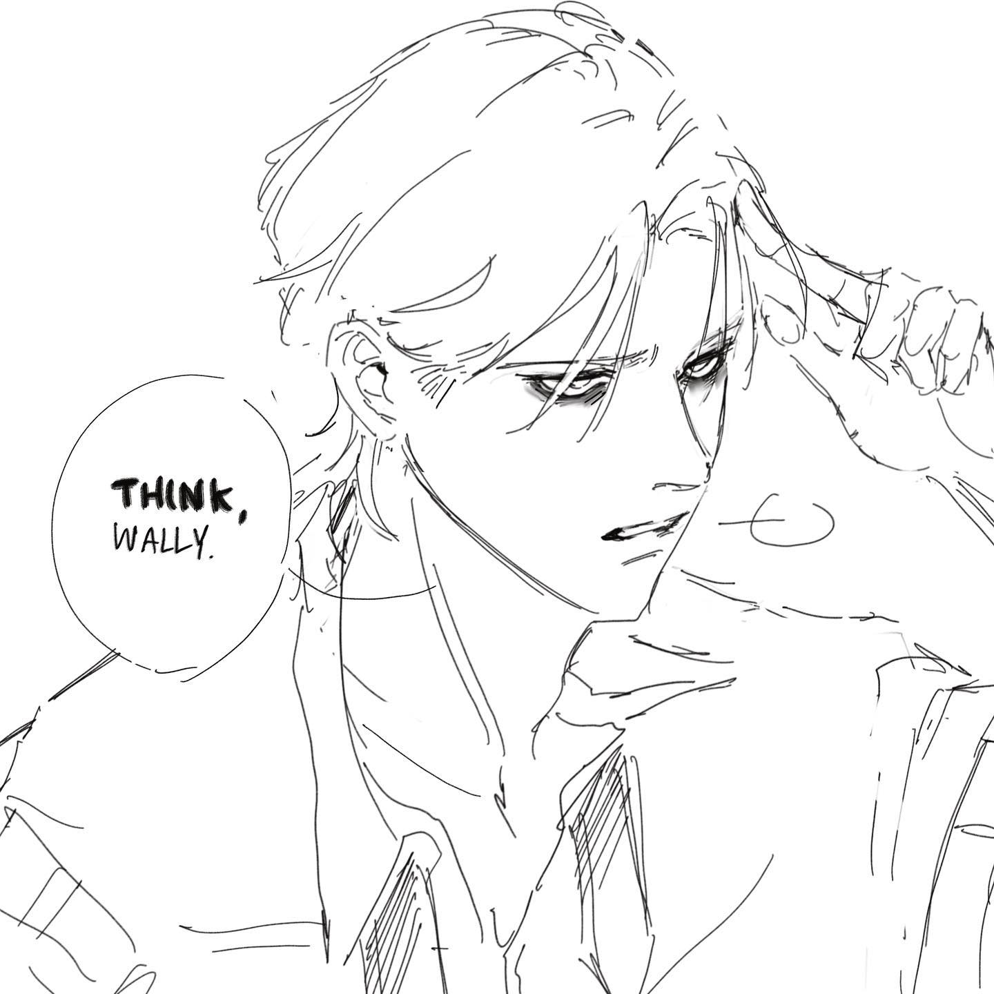 a black and white sketch of a man with mediumlength hair. he has a serious expression and is pointing two fingers to his temple as if he is thinking. the word "think, wally" is written in a speech bubble near his face.