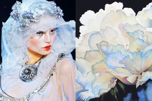 this image showcases two contrasting visuals: one featuring a female model with a delicate, translucent veil, a jeweled crown, and elaborate silver jewelry against a black background; the other half displays a watercolor painting of a pale blue and white flower with soft petals and a darker blue background. the juxtaposition of the feminine, ethereal model and the delicate floral artwork creates a harmonious composition. the image evokes a sense of elegance, beauty, and a hint of mystery.