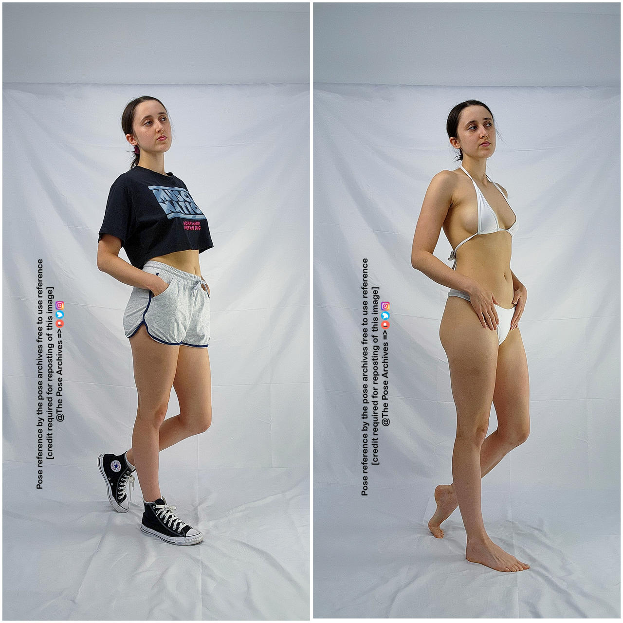 a split image showcasing the same young woman in two different outfits, both times striking the same pose. on the left, she wears a black cropped tshirt, grey athletic shorts, and black and white converse sneakers. on the right, she wears a white string bikini. the background in both images is a plain white wall, emphasizing her pose and the details of her outfits.