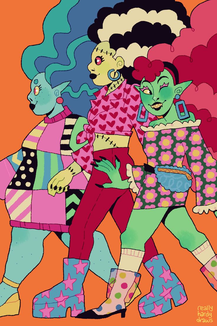 three cartoon monsters are walking down the street together. they all are wearing unique and colorful outfits and shoes. the monster in the middle has a pink heart shirt and red pants with a stitched seam. the monster on the left is wearing a patchwork sweater and the monster on the right is wearing a floral dress.  the image has a bright and vibrant color scheme. the characters are all drawn in a cartoony style and have exaggerated features.