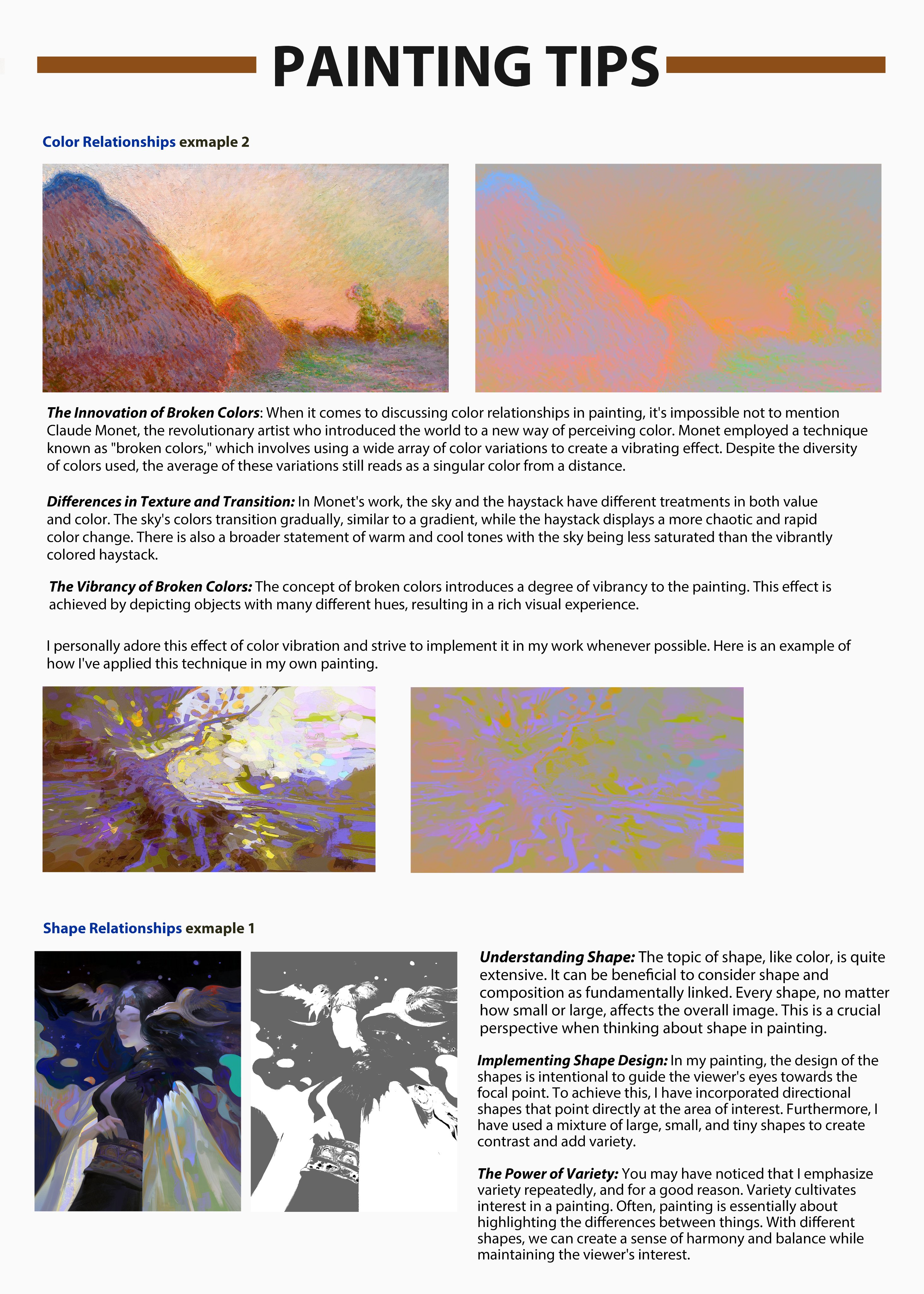 the image is a painting guide with text explaining the different aspects of painting, like color relationship and shape. it highlights the concept of "broken colors", "texture and transition", and "vibrancy" using examples from claude monet's art, particularly his "haystacks" series. it also discusses the importance of shape in composition and how to use it effectively to guide the viewer's eye and create visual interest. the image also mentions the importance of variety in painting and how it can contribute to harmony and balance.