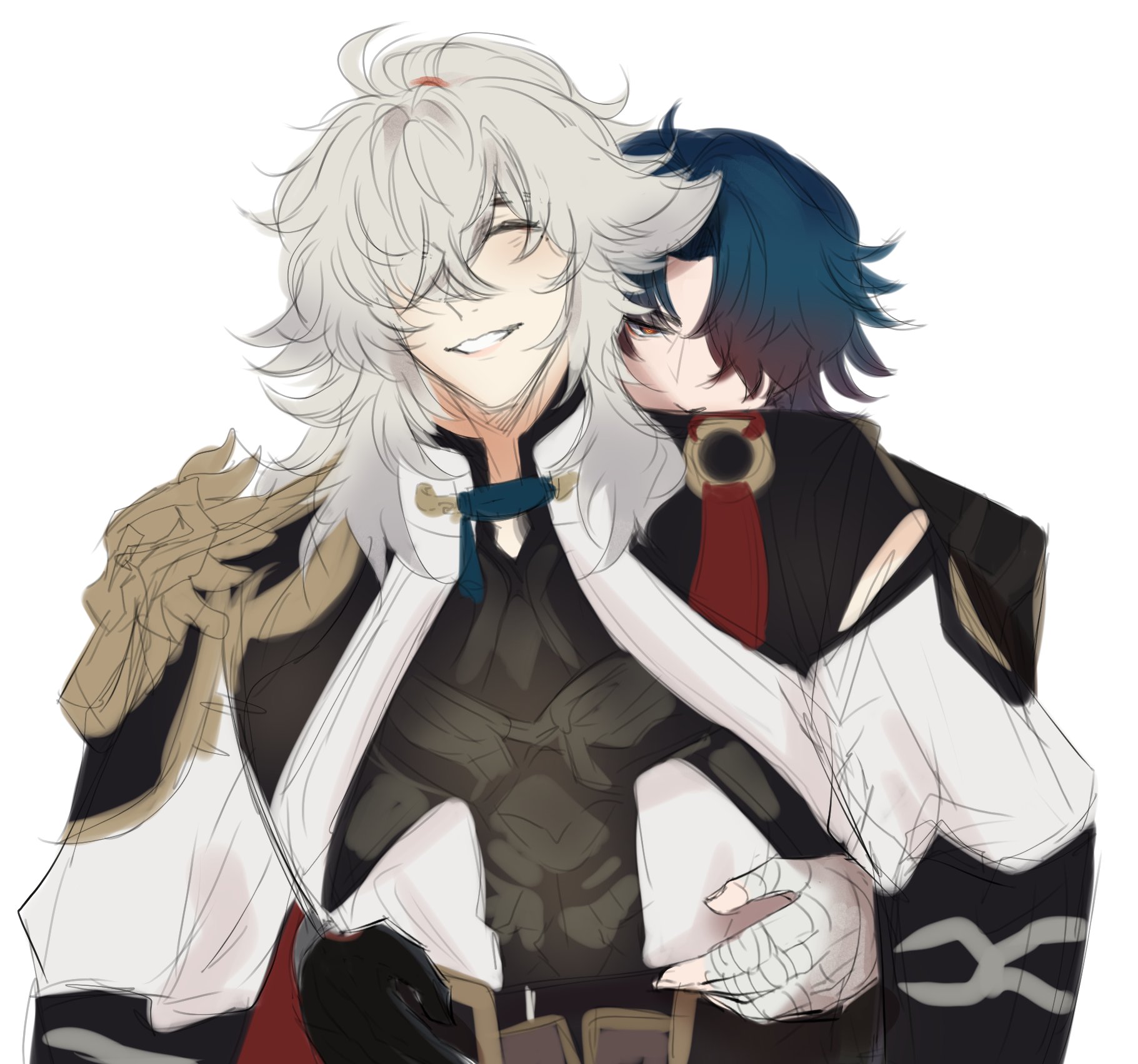 the image is an anime drawing of two men. the man on the left has white hair and is wearing a white shirt and a black vest. he is smiling and has his arm around the other man. the man on the right has black hair and is wearing a black shirt with a red scarf. he is looking at the other man with a soft expression. they are both holding each other close. the drawing is done in a light and airy style, with soft colors and lines. the image is romantic and heartwarming.