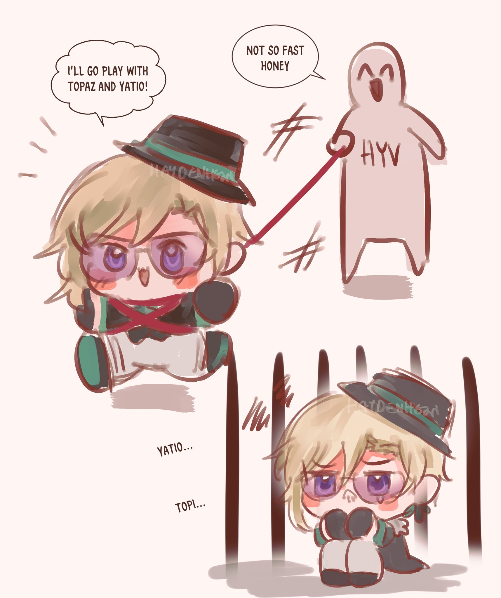 the image shows a comicstyle cartoon of two anime boys and a ghost. the boys are dressed in cute outfits and are holding each other's hands. the ghost is chasing them and trying to stop them from playing. the background is white with some lines to suggest movement. the cartoon is a fun and lighthearted portrayal of friendship and childhood play.