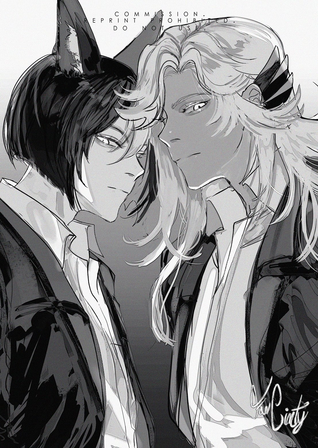 this is a grayscale digital illustration of two anime boys. one has black hair and wolf ears, while the other has white hair. they are both wearing suits, and the boy with black hair has his head resting on the boy with white hair's shoulder. the drawing is very detailed, with a lot of focus on the characters' faces. the background is simple, which helps to highlight the characters. the overall tone of the illustration is romantic and affectionate.
