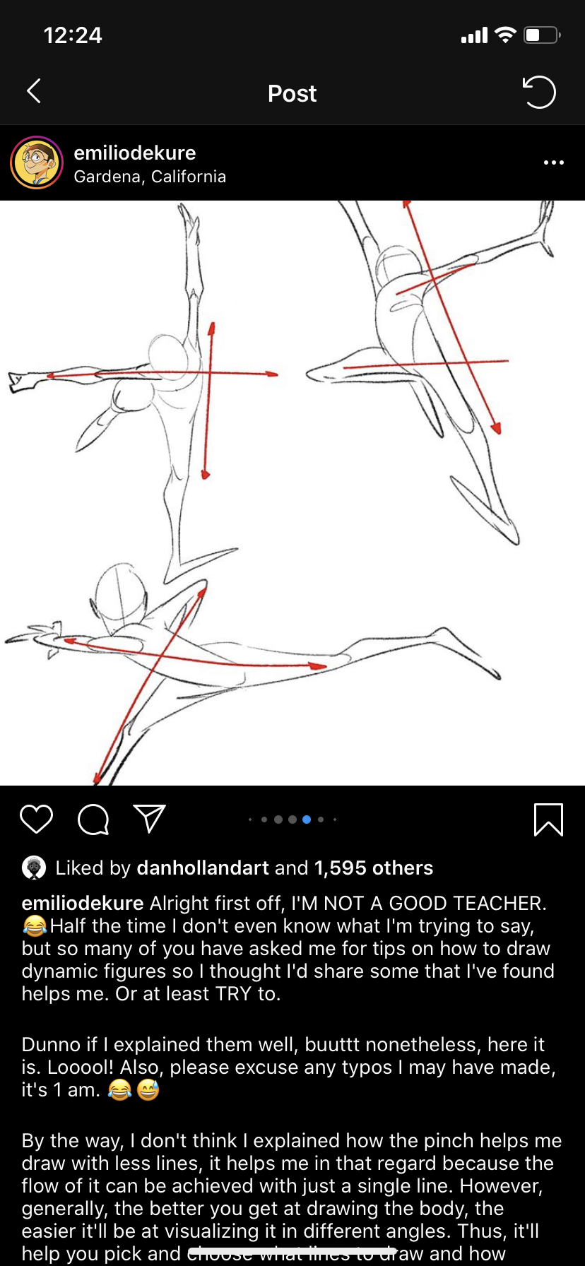 the image shows a screenshot of an instagram post by an artist named emiliodekure. the post features a drawing tutorial on how to draw dynamic figures. the artist uses a simplified stick figure approach, emphasizing the flow and movement of the body with long, curved lines. they highlight the use of a "pinch" technique to capture the essence of a pose with minimal lines. the post also includes a caption where the artist humbly admits to not being a good teacher but shares their tips in response to requests from their followers.