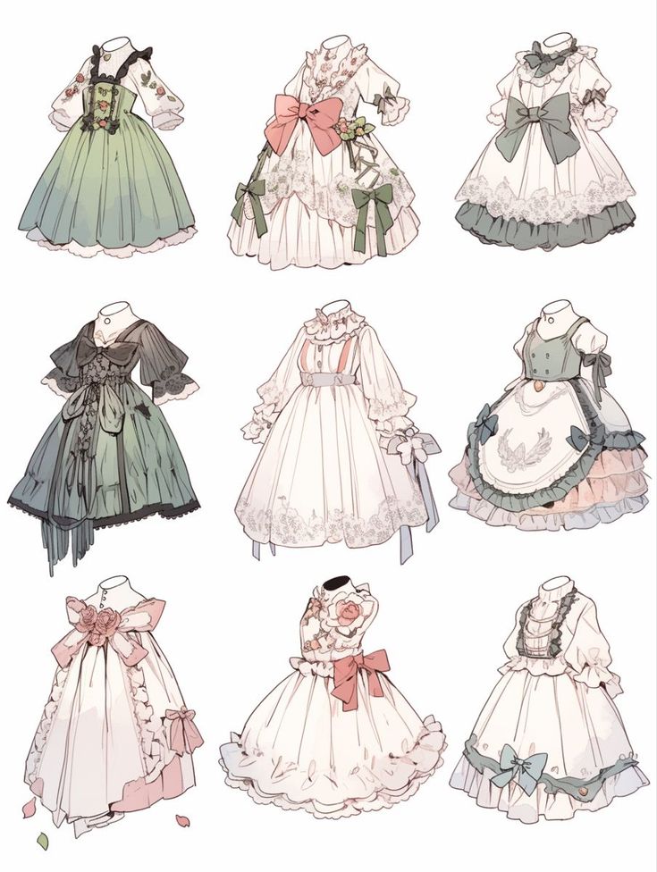 the image displays nine drawings of various lolitastyle dresses. each dress features intricate details such as bows, lace, frills, and floral embellishments. the color palette primarily consists of soft pastels and muted tones, creating a delicate and feminine aesthetic. the dresses are presented against a plain white background, allowing the intricate details of each garment to take center stage.