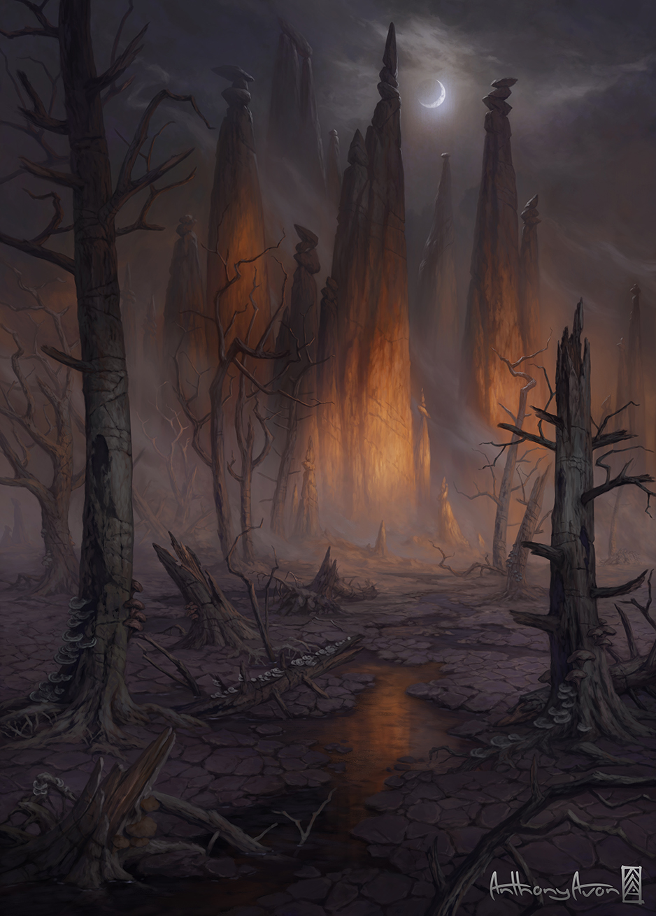the digital painting depicts a dark and desolate landscape under a crescent moon.  the scene is dominated by tall, slender rock formations that seem to glow with an internal, fiery light.  these formations resemble either natural rock spires or possibly ancient, ruined structures. the foreground is a barren, cracked earth strewn with the skeletal remains of dead trees, creating an atmosphere of decay and abandonment. a thin stream of dark, reflective water meanders through the cracked earth, reflecting the orange glow from the central rock formations.  the overall color palette is dark and muted, with the orange glow providing a stark contrast. the scene evokes a feeling of mystery, foreboding, and perhaps even magical or supernatural elements. the style is reminiscent of dark fantasy or gothic art.