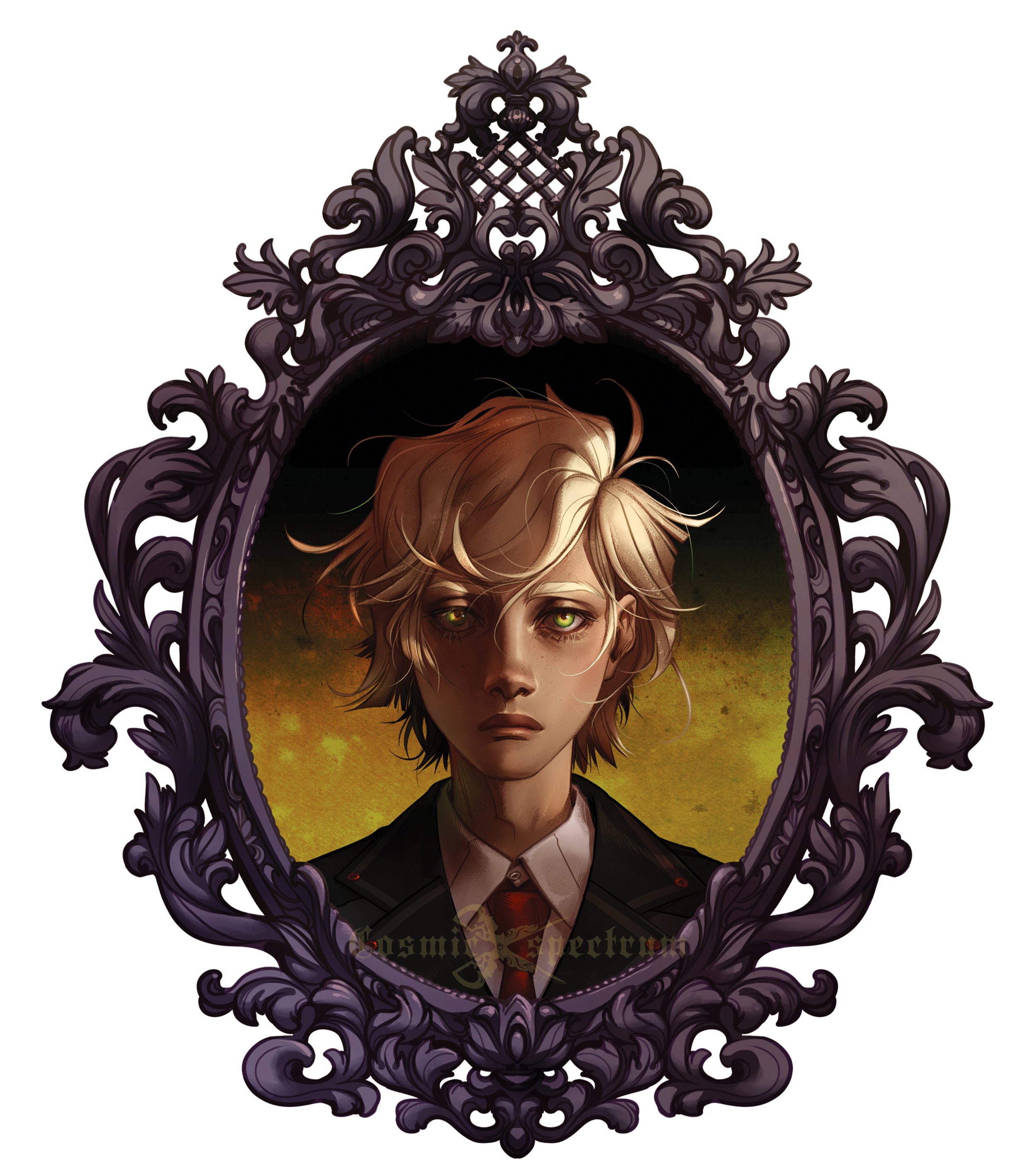 the image is a digital painting of a young man with blonde hair and striking green eyes. he is depicted in a formal dark jacket and tie, and his expression is serious and somewhat melancholic.  the young man is framed within a highly detailed, ornate, dark purplegray rococo or baroquestyle picture frame. the background behind the young man is a dark, warm yellowgold color with hints of texture, suggesting perhaps a fire or glowing embers.  the overall style of the artwork is artistic and evocative, with a gothic or fantasy feel. the artist's signature, "cosmikectruma," is faintly visible in the lower center of the image.