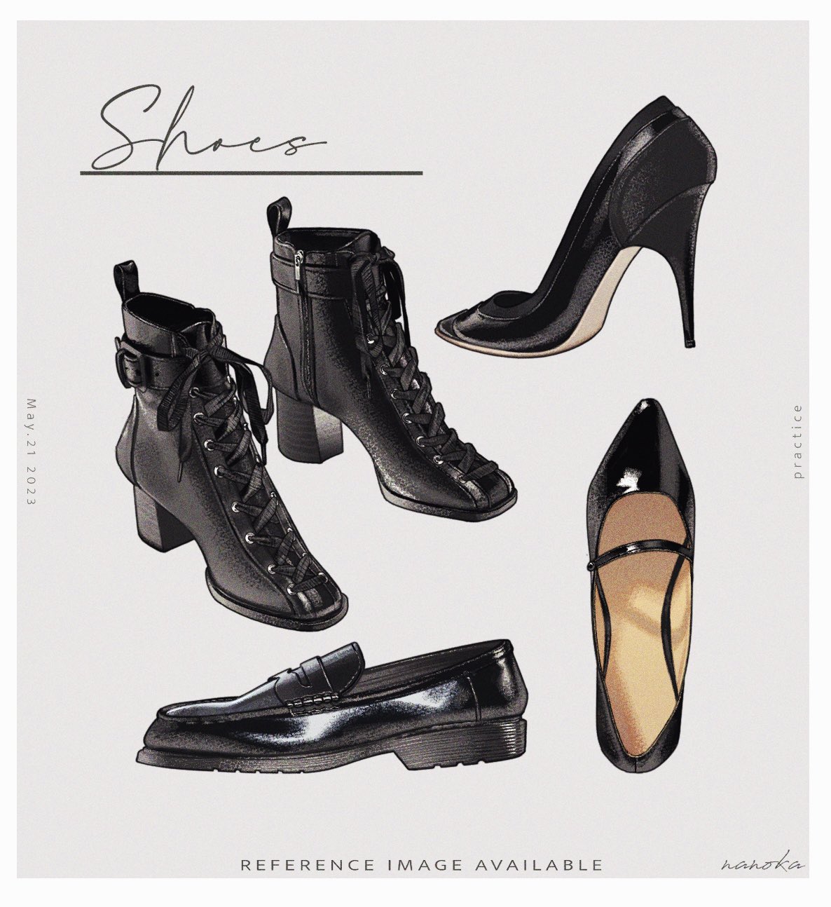 the image is a fashion illustration showcasing a variety of women's black shoes.  the illustration includes: a pair of laceup ankle boots with block heels; a pair of highheeled pumps with a pointed toe; a pair of classic loafers; and a pair of mary jane style shoes. the shoes are drawn in a realistic style with attention to detail on the textures and shapes. the artwork is labeled "shoes" at the top and includes the artist's signature "nanoka" and the annotations "practice" and "reference image available". the date "may 21 2023" is also present. the overall style is sleek and sophisticated.