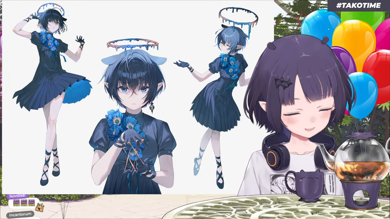 the image depicts popular vtuber ironmouse celebrating her birthday, as indicated by the "#takotime" tag and the presence of balloons. it features three stylized depictions of ironmouse in a bluethemed outfit with floral accents, showcasing different poses. the right side of the image showcases a more casual depiction of ironmouse enjoying tea, possibly interacting with her viewers during a livestream. the background blends realworld elements like a garden with a more digitally rendered aesthetic.