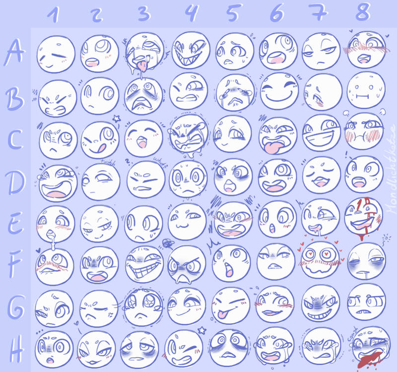 this is a drawing meme in the format of a chart, featuring different facial expressions for artists to recreate. each row is labeled with a letter and each column is labeled with a number, allowing users to request specific expressions by combining a letter and a number. the facial expressions showcase a wide range of emotions, from happiness and excitement to sadness, anger, and fear.