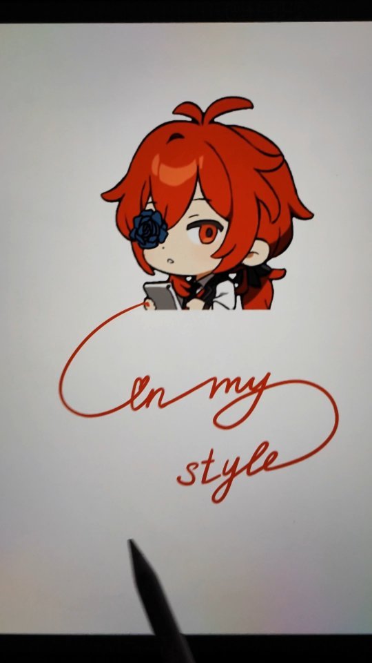 the image shows a digital drawing of a chibistyle anime character with bright red hair, a black rose on their eye, and a white collared shirt.  the character is holding what looks like a smartphone. below the character, a stylized signature reads "in my style" in a cursive script. a stylus is partially visible in the bottom corner, suggesting the artwork is being created digitally. the overall style is cute and slightly whimsical.