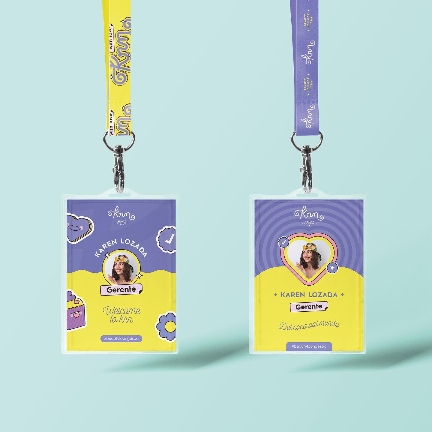 two variations of an id card design for karen lozada, gerente at krr beauty lounge. the cards feature a playful and colorful design with illustrations of hearts, flowers, and cupcakes.