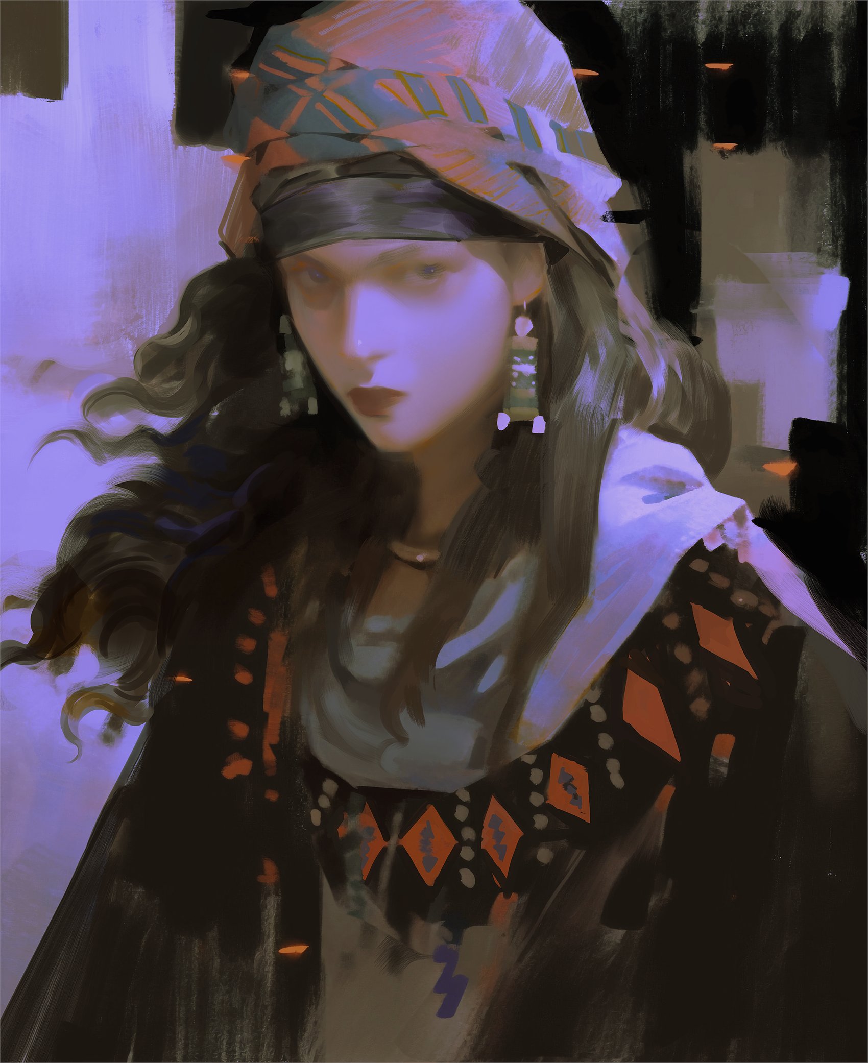 a digital painting of a young woman wearing a head scarf and a stylish outfit. she has long dark hair, and her eyes are staring directly at the viewer. the background is dark, creating a mysterious and elegant atmosphere. the painting is done in a soft focus, emphasizing the woman's beauty and the intricate details of her outfit.