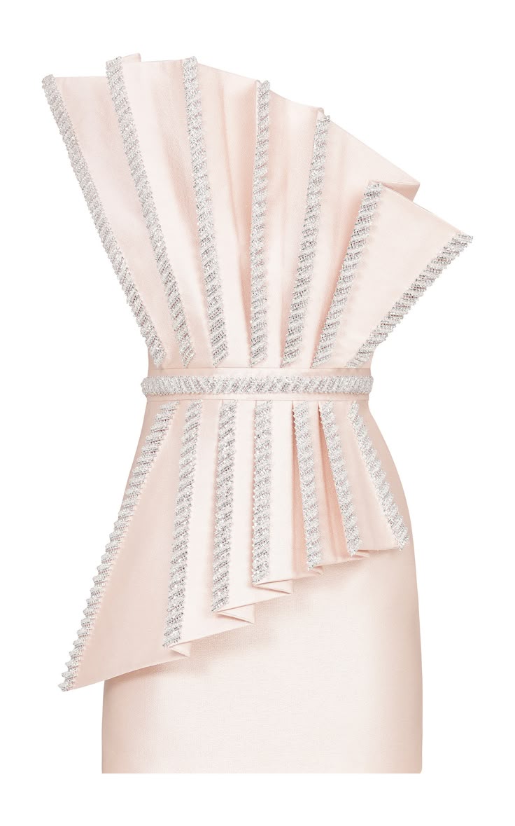 a light pink, oneshoulder dress with intricate pleated details and beaded trim. the dress features a fitted bodice with a cinched waist, and a short, formfitting skirt. the pleated fabric is arranged in a fanlike pattern around the shoulder and waist.