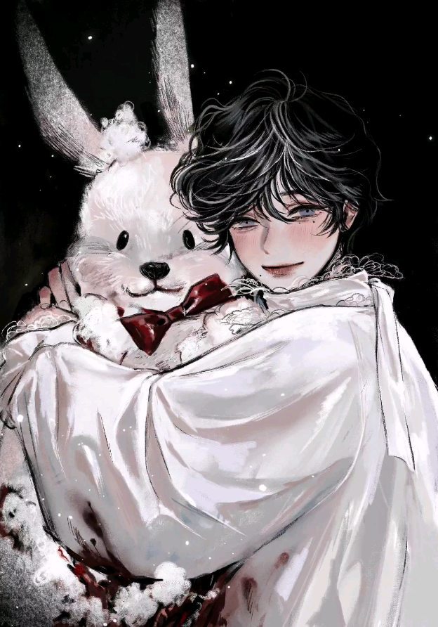 the image is a digital drawing or painting in a stylized anime/manga style. it depicts a young man with dark, short hair, dressed in a long, elegant white coat. he is embracing a large white plush rabbit, which has a dark red bow tie. the overall aesthetic is dark and melancholic, with subtle hints of blood or injury visible on the coat, adding a layer of mystery or sadness to the scene. the contrast between the dark background and the light clothing and rabbit is striking. the style is highly detailed and the character's expression is soft yet slightly unsettling, leaving room for interpretation.