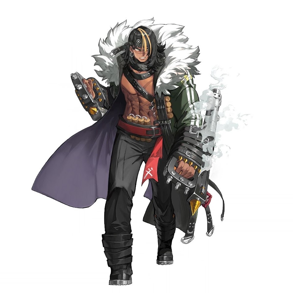 this is an anime illustration of a muscular man wearing a futuristic cyberpunk outfit and wielding a large weapon. he has dark hair and brown eyes, a serious expression, and appears to be ready for action. he wears a darkcolored cape, a furlined coat, and  pants, and black gloves. the weapon is a mechanical gun that has smoke coming out of the barrel, and he is holding it with a firm grip.