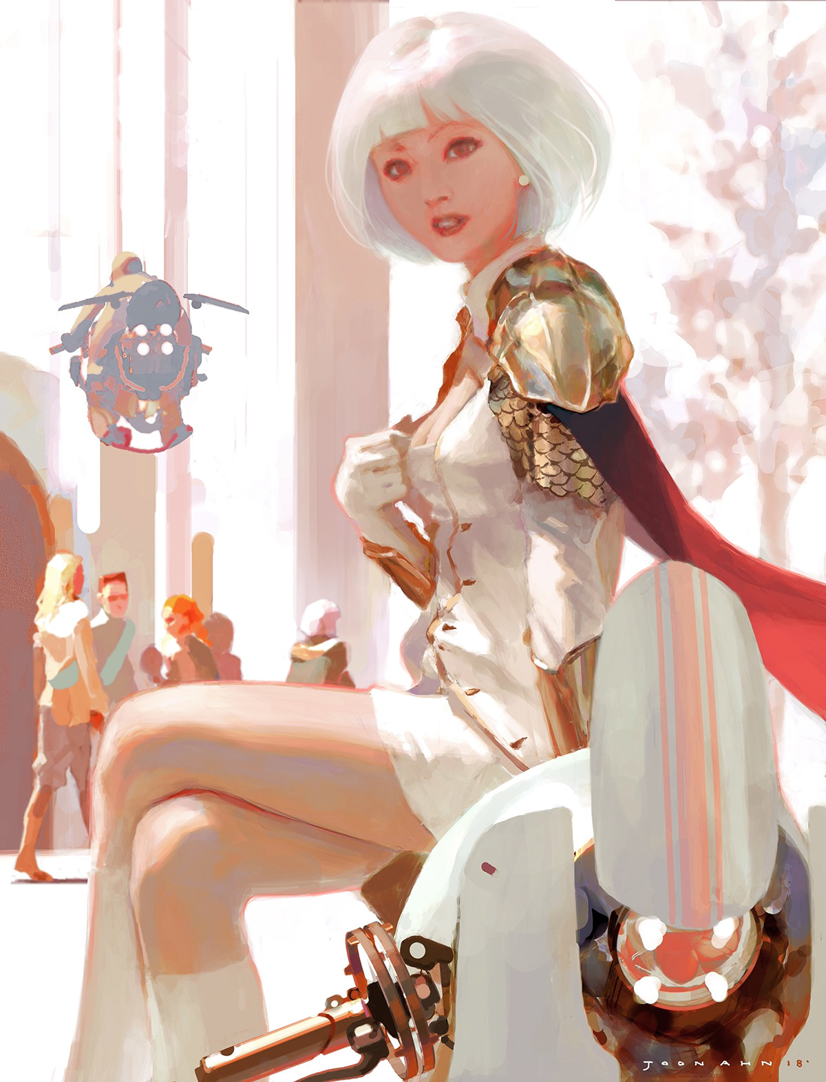 the image showcases a futuristic cityscape bathed in bright, sunny daylight.  a woman with white hair and pale skin, dressed in a white, gold, and red outfit with futuristic accents, sits atop a sleek, white, robotic creature or vehicle. she exudes an air of confidence and authority. a flying vehicle hovers in the background, hinting at advanced technology. other individuals, rendered in less detail, populate the scene, suggesting a bustling urban environment.  the artwork employs a low angle view, further emphasizing the woman's commanding presence.