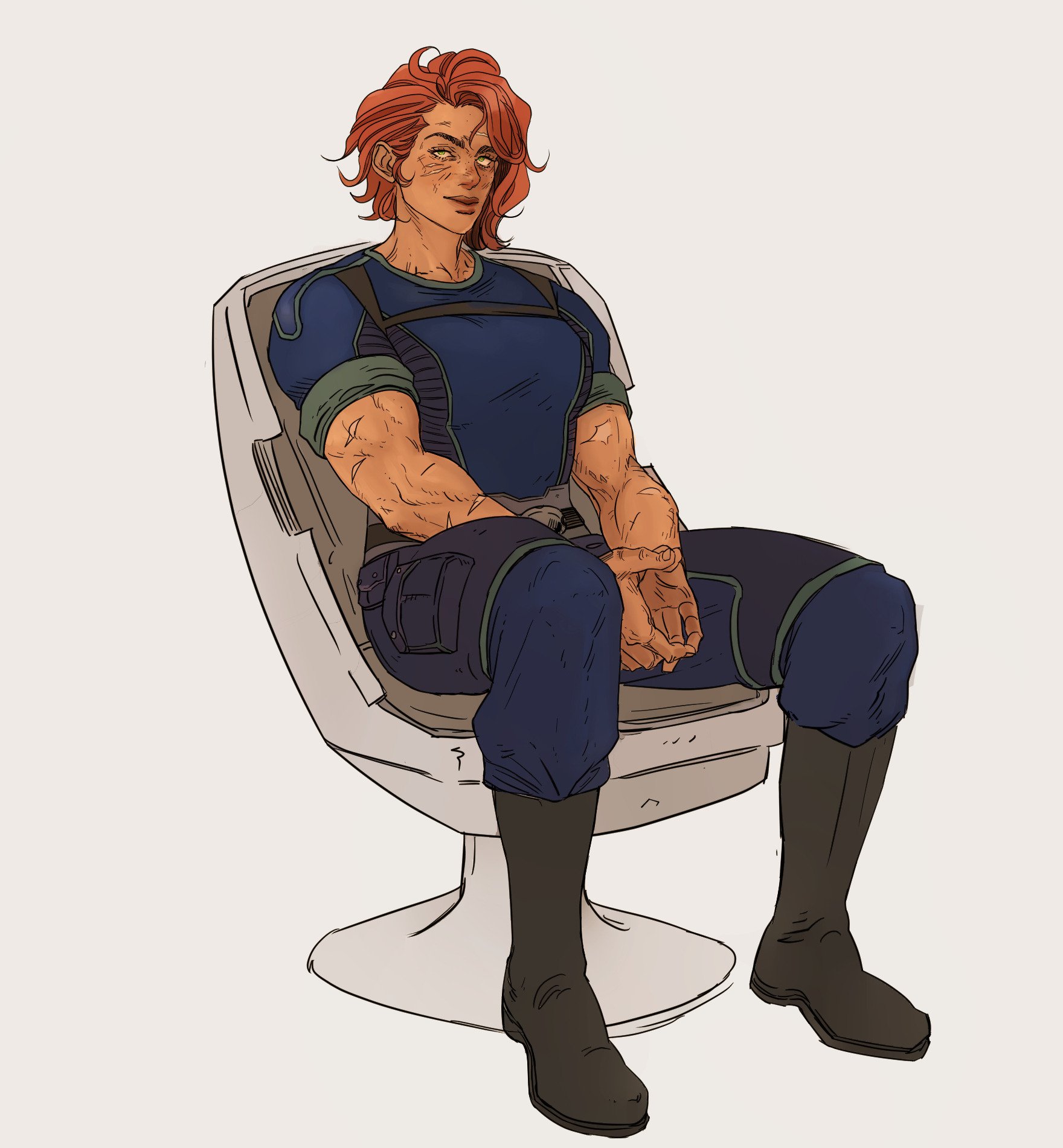 a fullbody character art image shows a muscular woman with short red hair sitting in a futuristicstyle chair. she wears a dark blue jumpsuit and black boots. her hands are clasped in her lap. the background is a plain offwhite color.