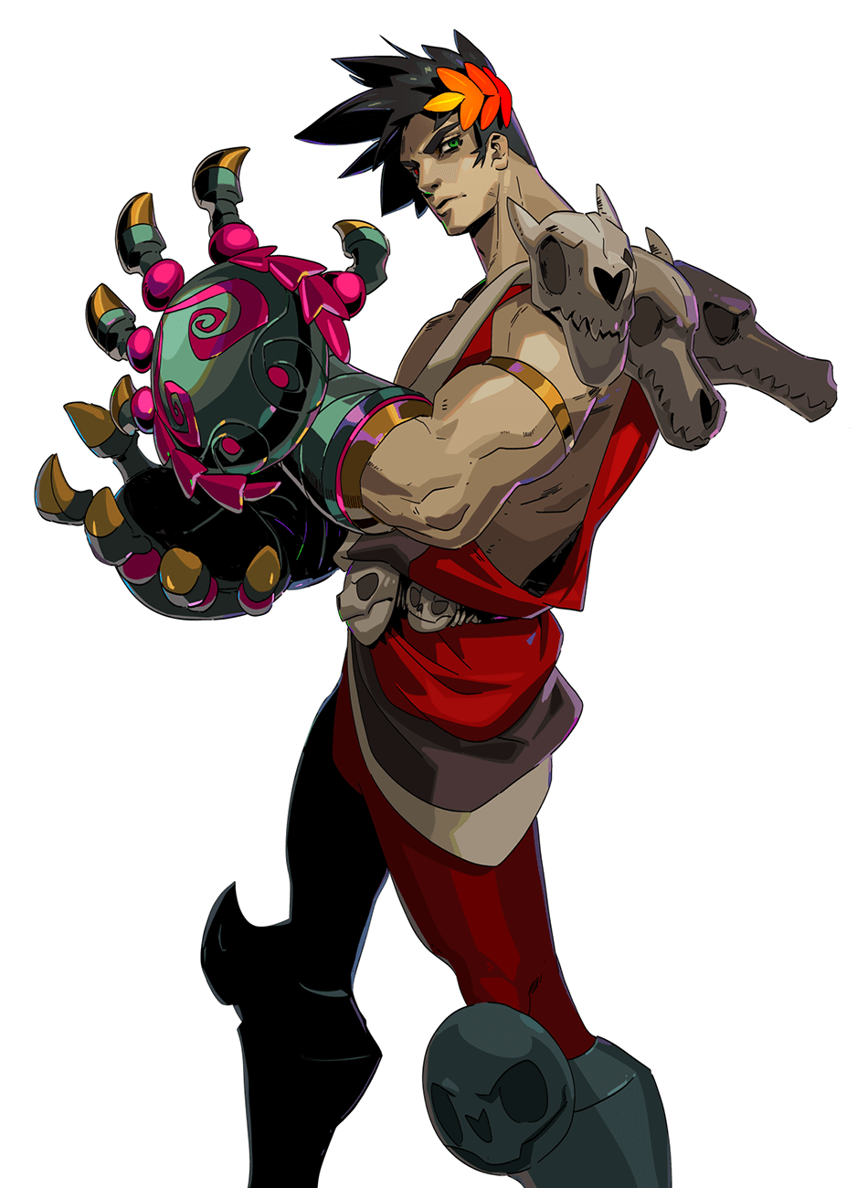 this is a digital artwork depicting a male video game character in a warrior stance. he is wearing red and black clothing, has black hair and brown skin, and is wielding a weapon that appears to be a skull attached to his arm and a clawed device on his other arm.
