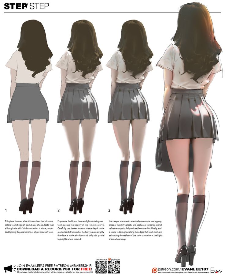 the image shows a stepbystep tutorial illustrating the process of drawing a female figure in a school uniform from a rear perspective. the tutorial consists of four stages demonstrating how to build up the forms, add details, refine lighting, and create depth in the image.